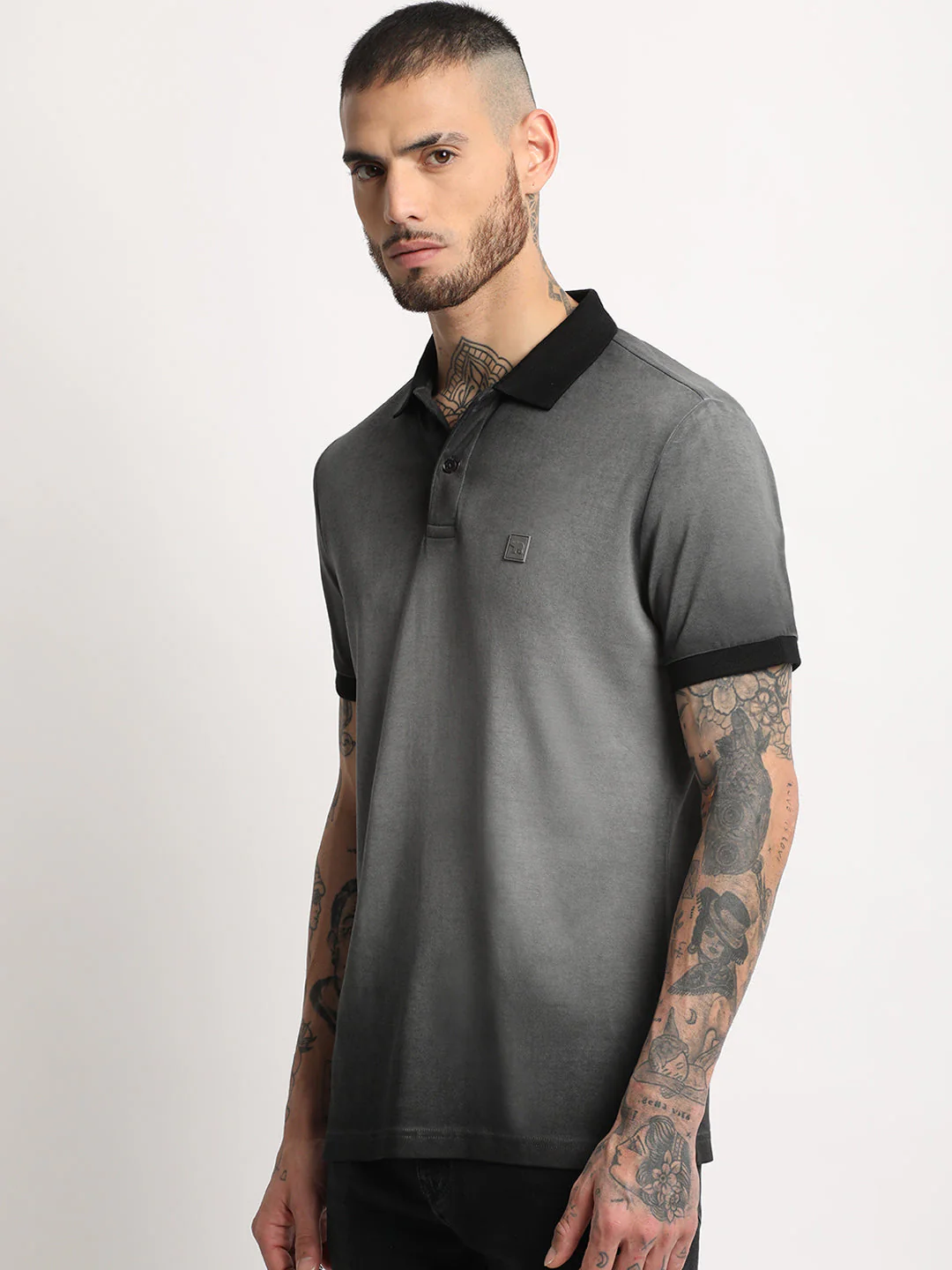 Men  Grey Faded Slim Fit Polo T-shirt - Image 3