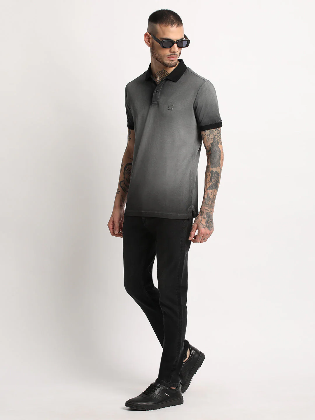 Men  Grey Faded Slim Fit Polo T-shirt - Image 5