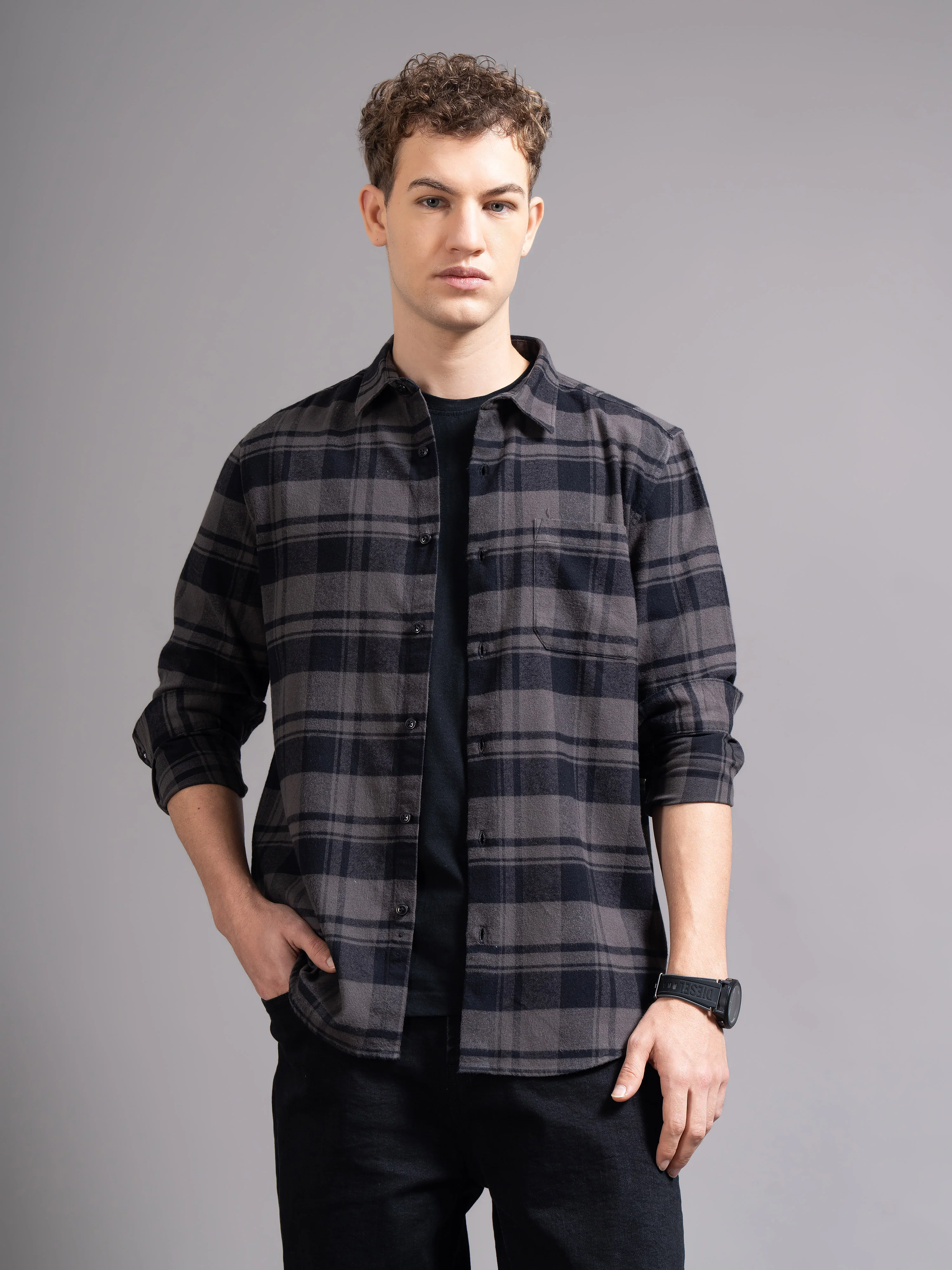 Men Grey Flannel Checked Shirt - Image 2