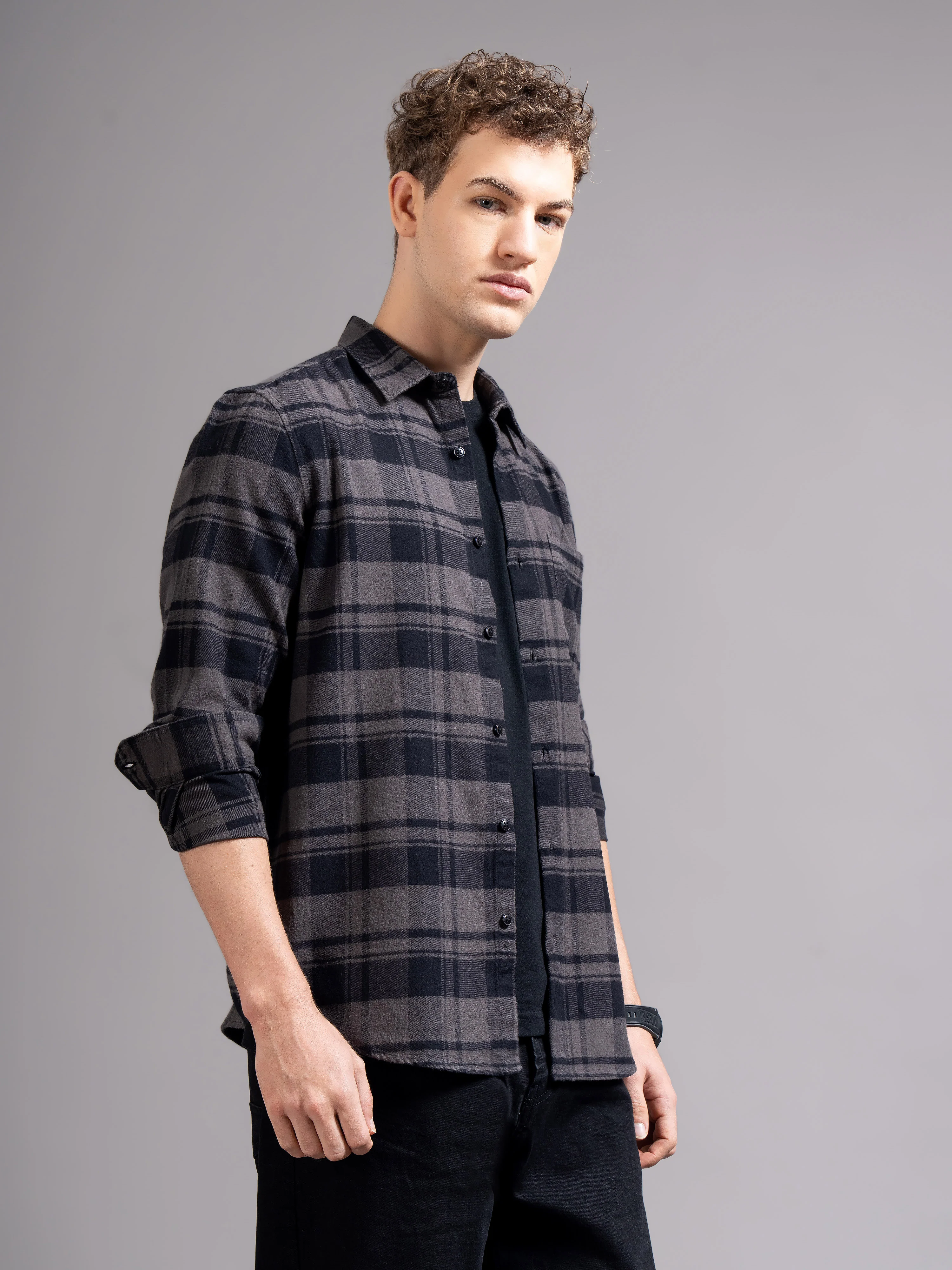 Men Grey Flannel Checked Shirt - Image 7