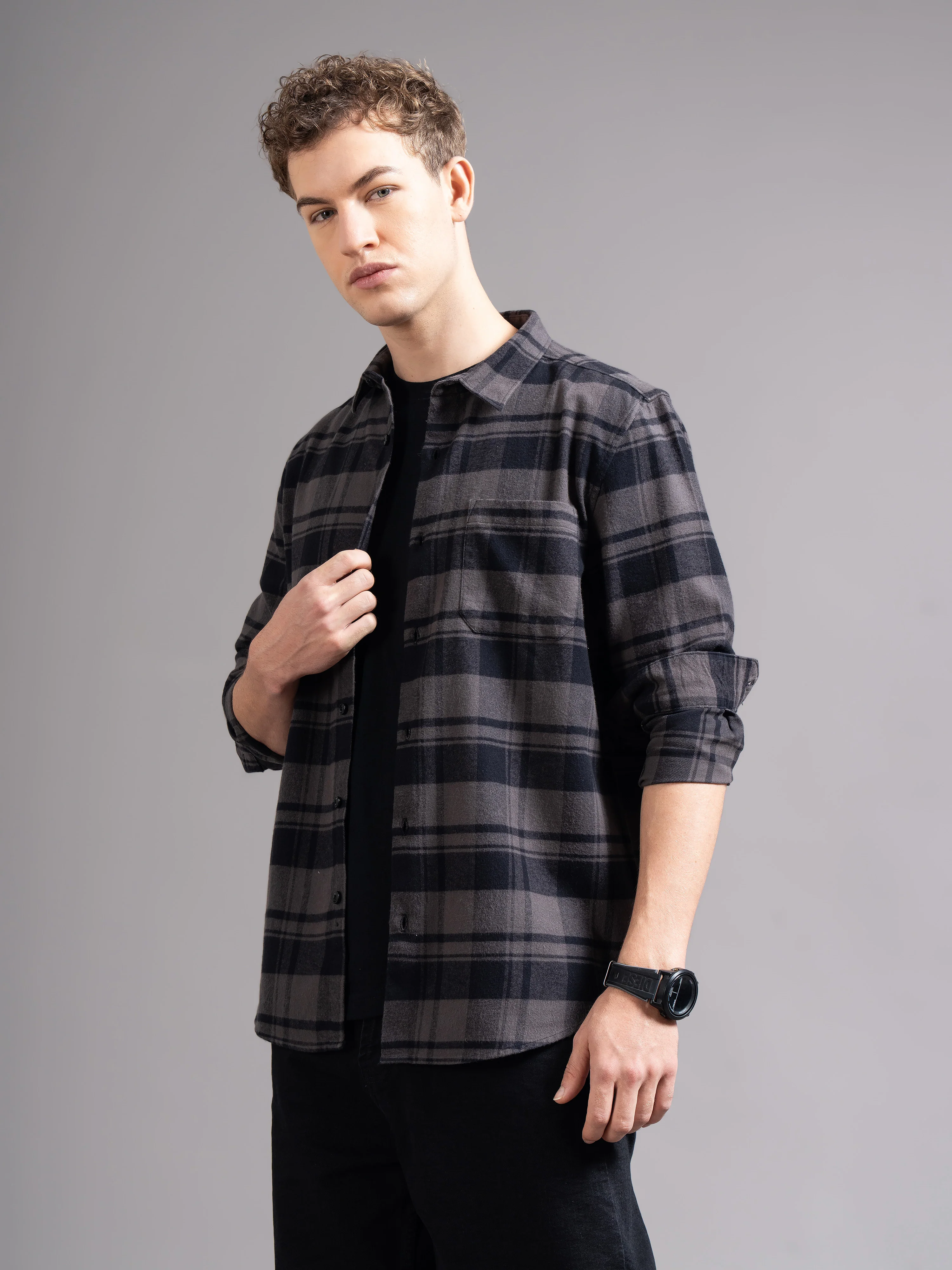 Men Grey Flannel Checked Shirt - Image 8