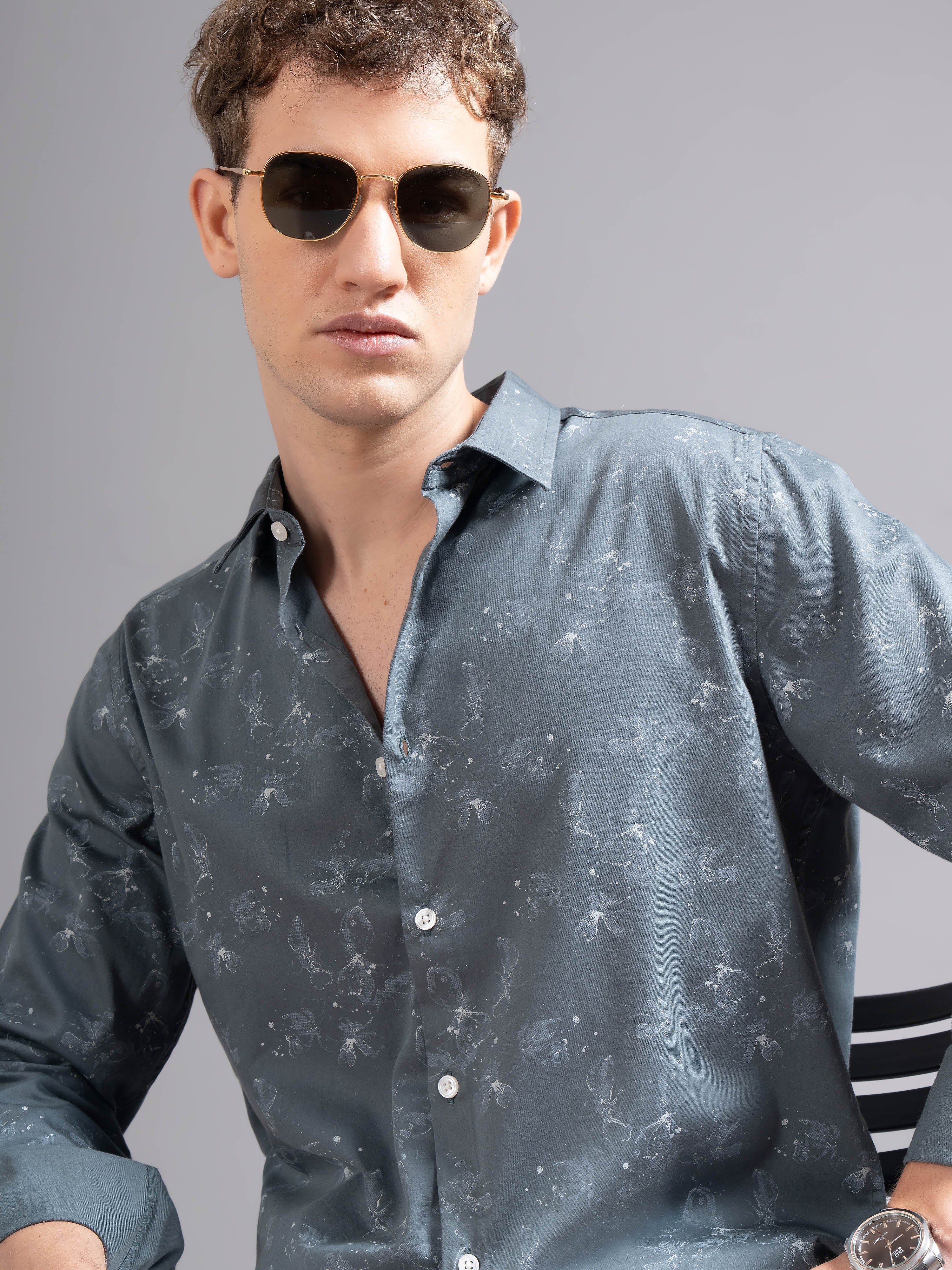 Men Grey Floral Print Shirt - Image 3