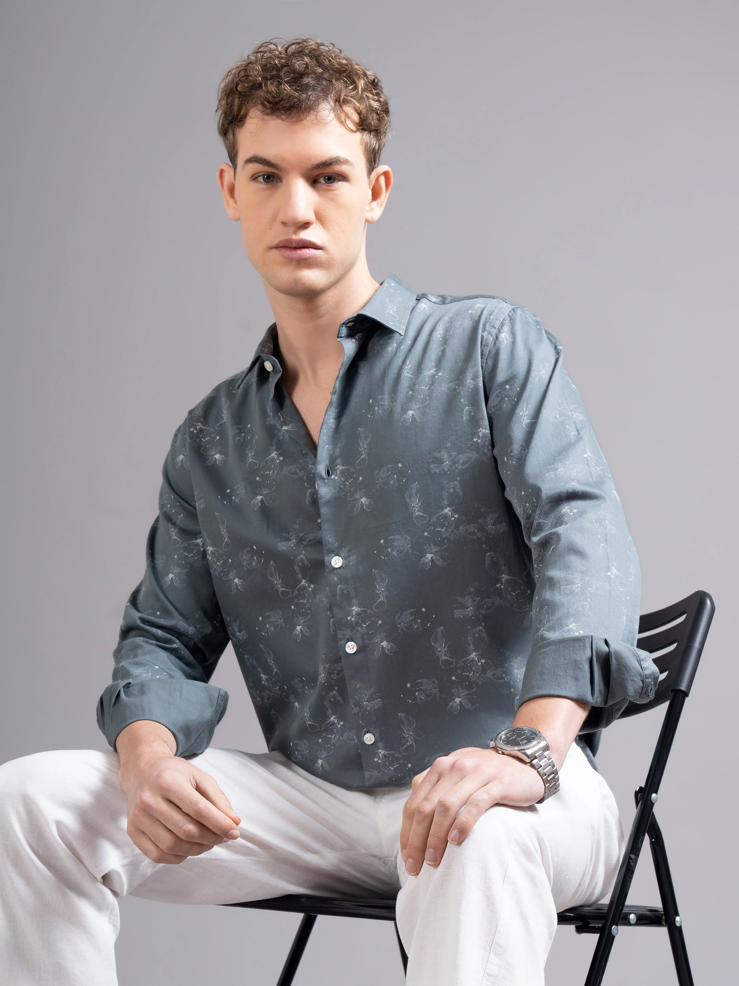 Men Grey Floral Print Shirt - Image 7