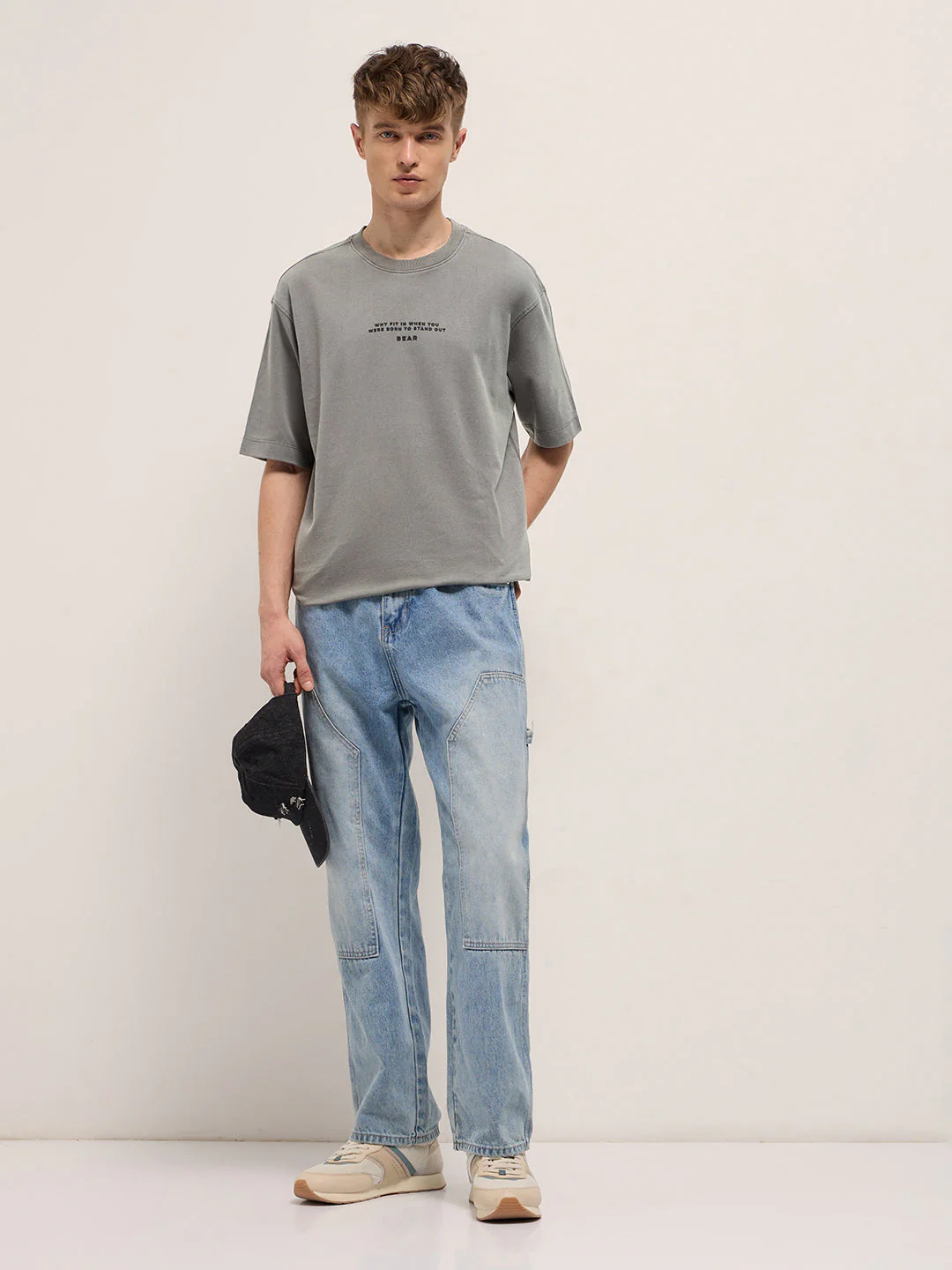 Men Grey Graphic Back Print Oversized Crew Neck T-Shirt - Image 4