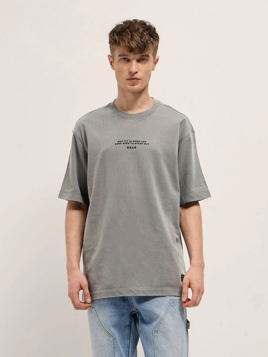 Men Grey Graphic Back Print Oversized Crew Neck T-Shirt - Image 6