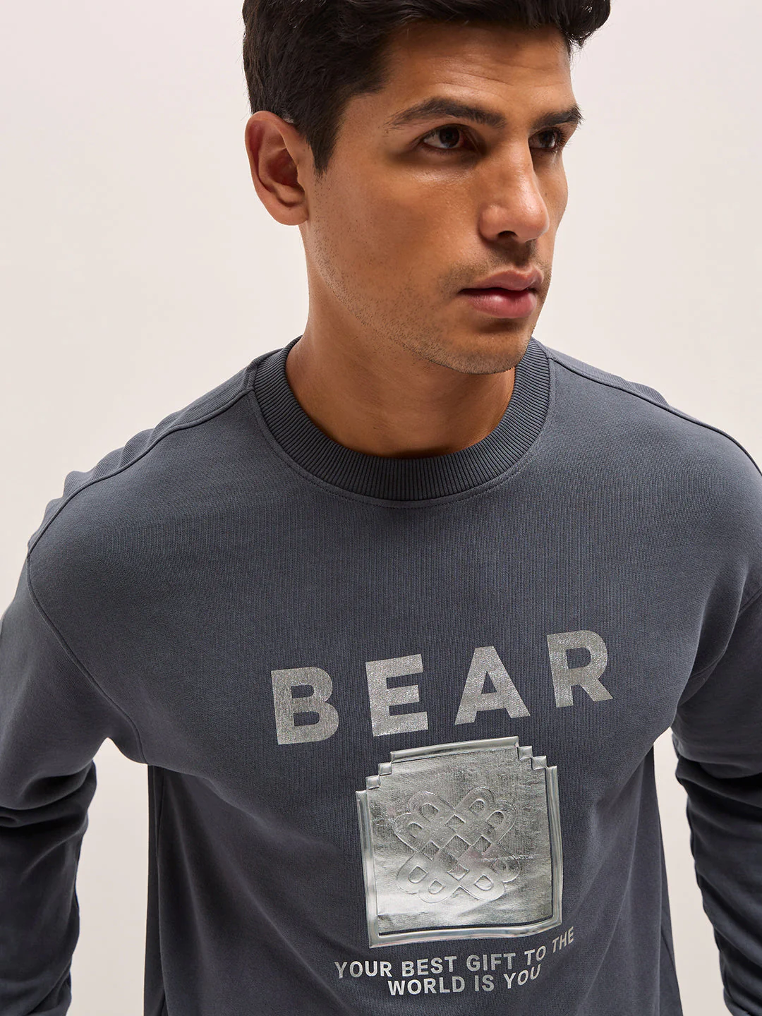 Men Grey Graphic Printed Relax Fit Crew Neck Sweatshirt - Image 5