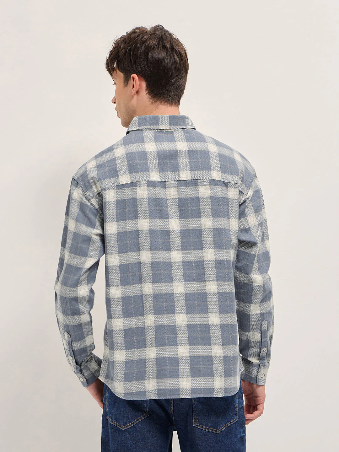 Men Grey Herringbone Check Cotton Relaxed Fit Overshirt - Image 2