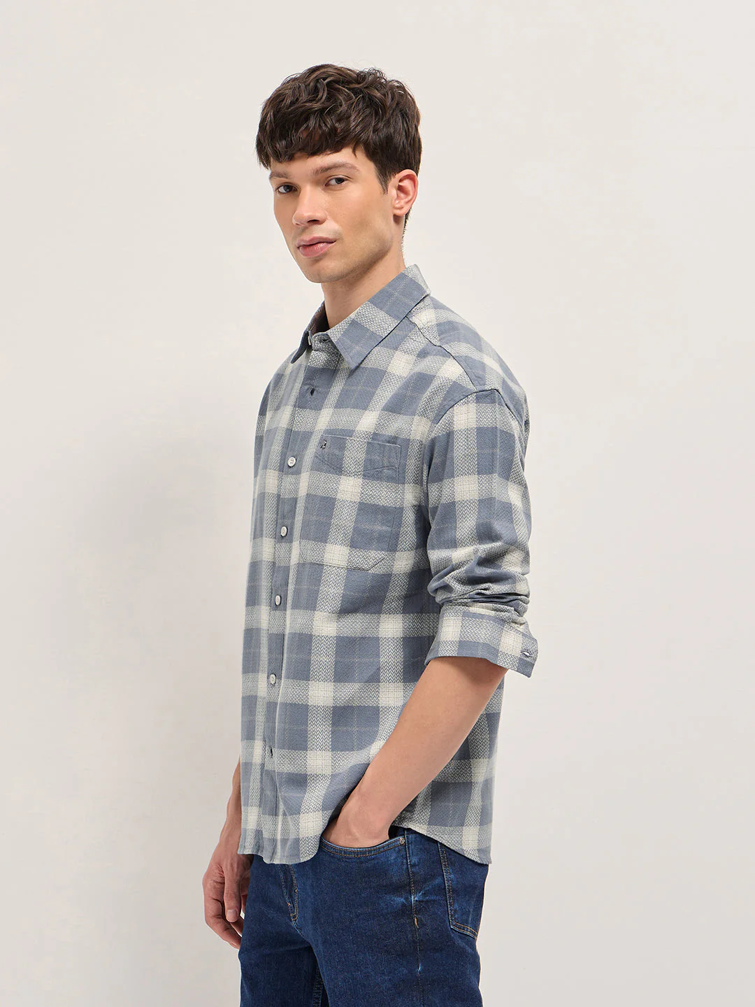Men Grey Herringbone Check Cotton Relaxed Fit Overshirt - Image 3