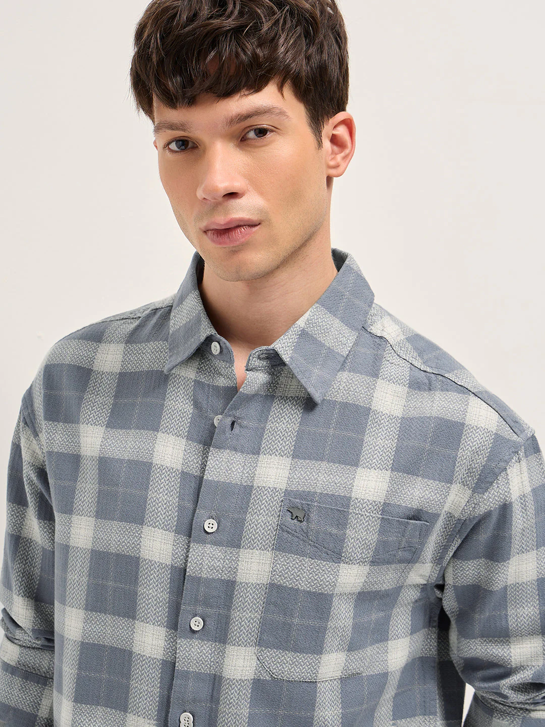 Men Grey Herringbone Check Cotton Relaxed Fit Overshirt - Image 5
