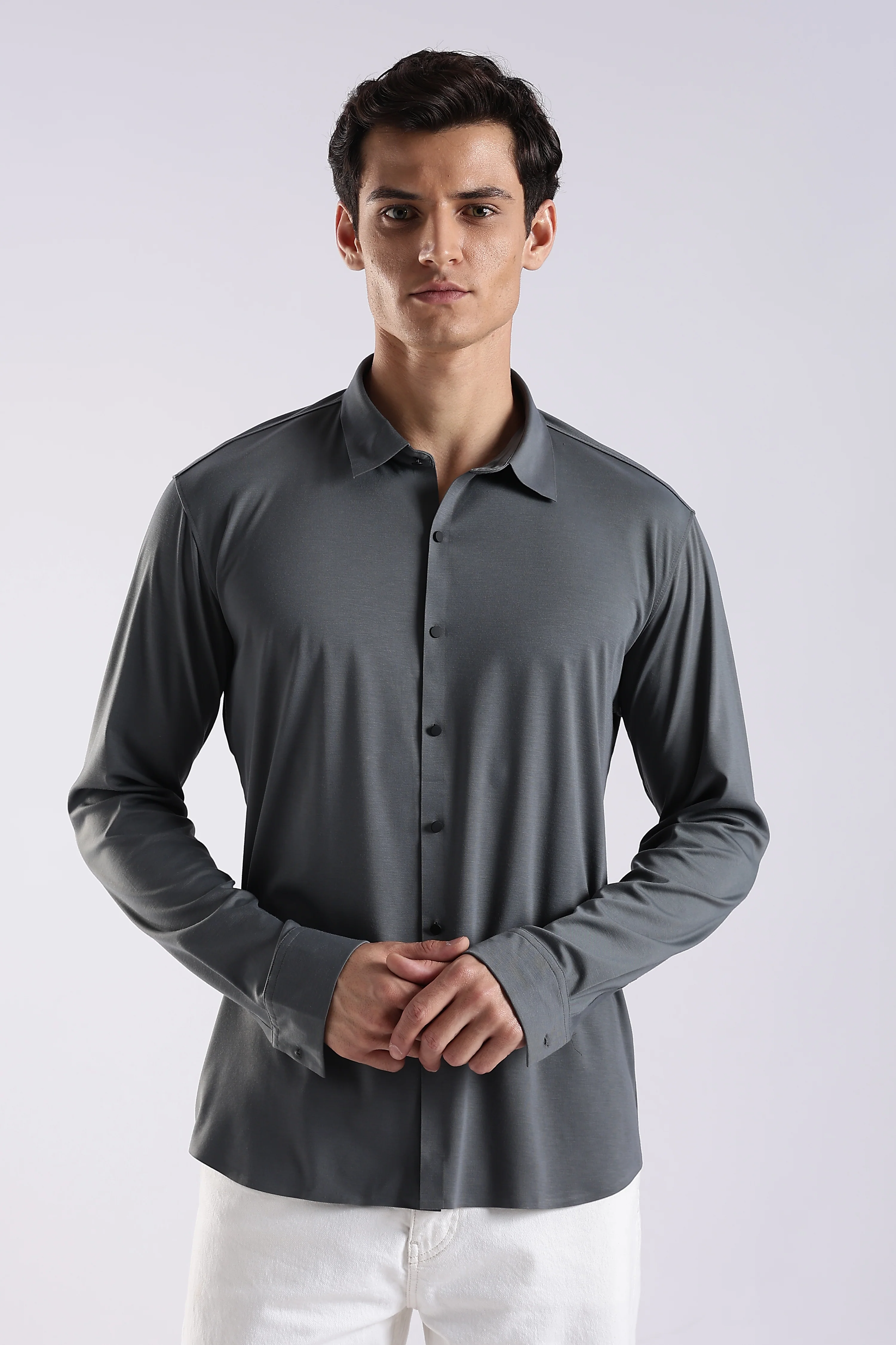 Men Grey Knitted Slim Fit Shirt