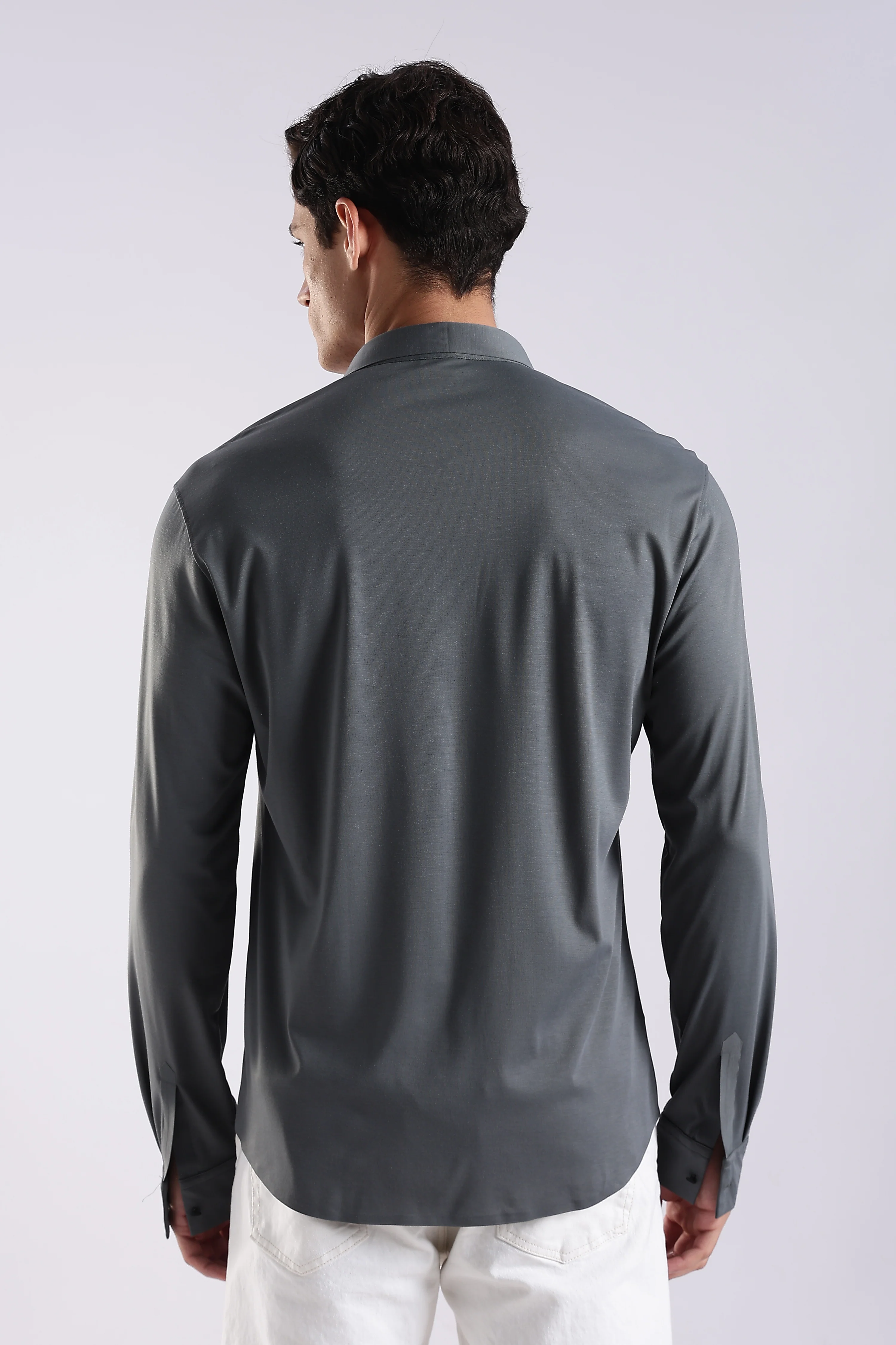 Men Grey Knitted Slim Fit Shirt - Image 2