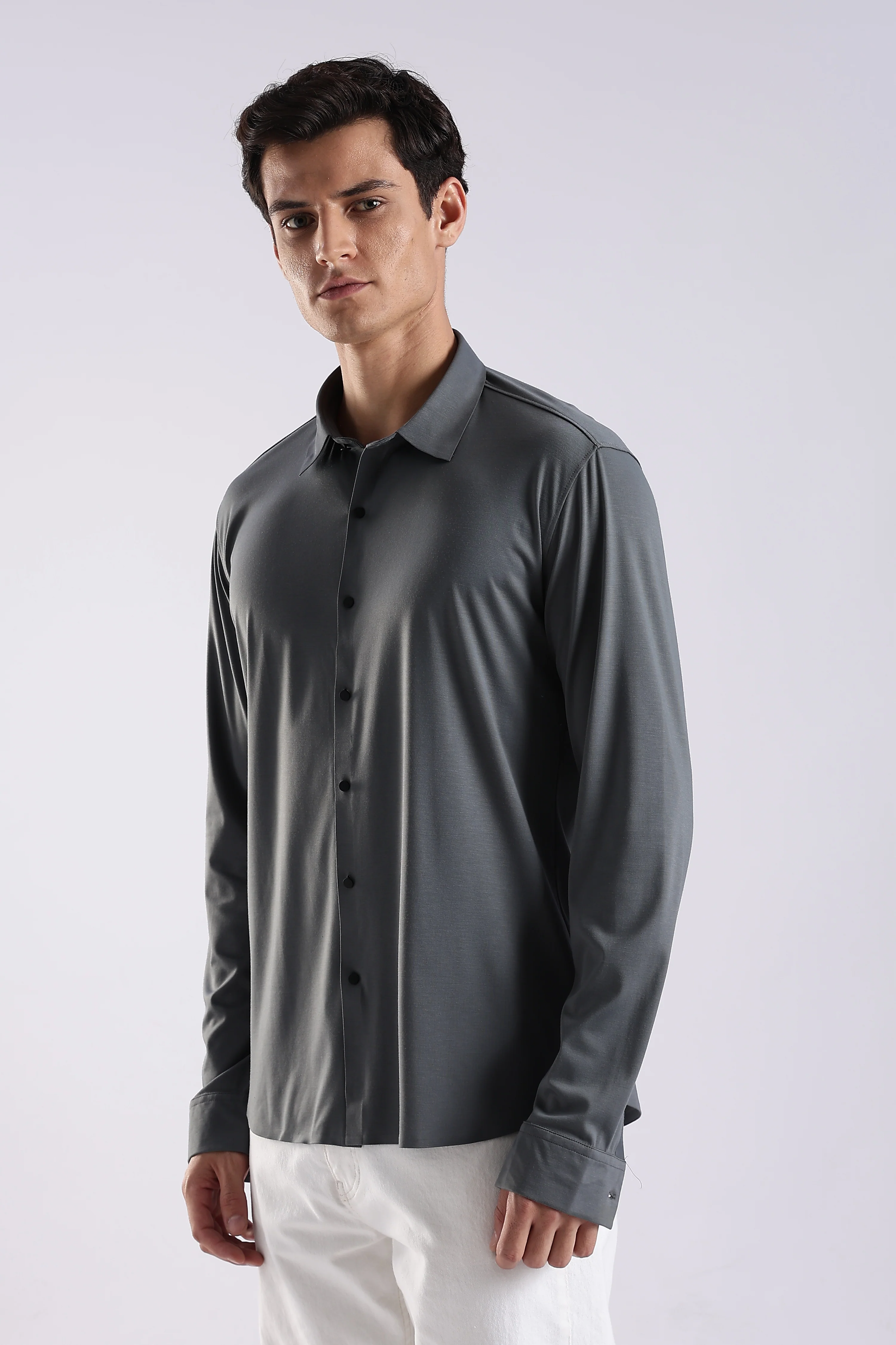 Men Grey Knitted Slim Fit Shirt - Image 3
