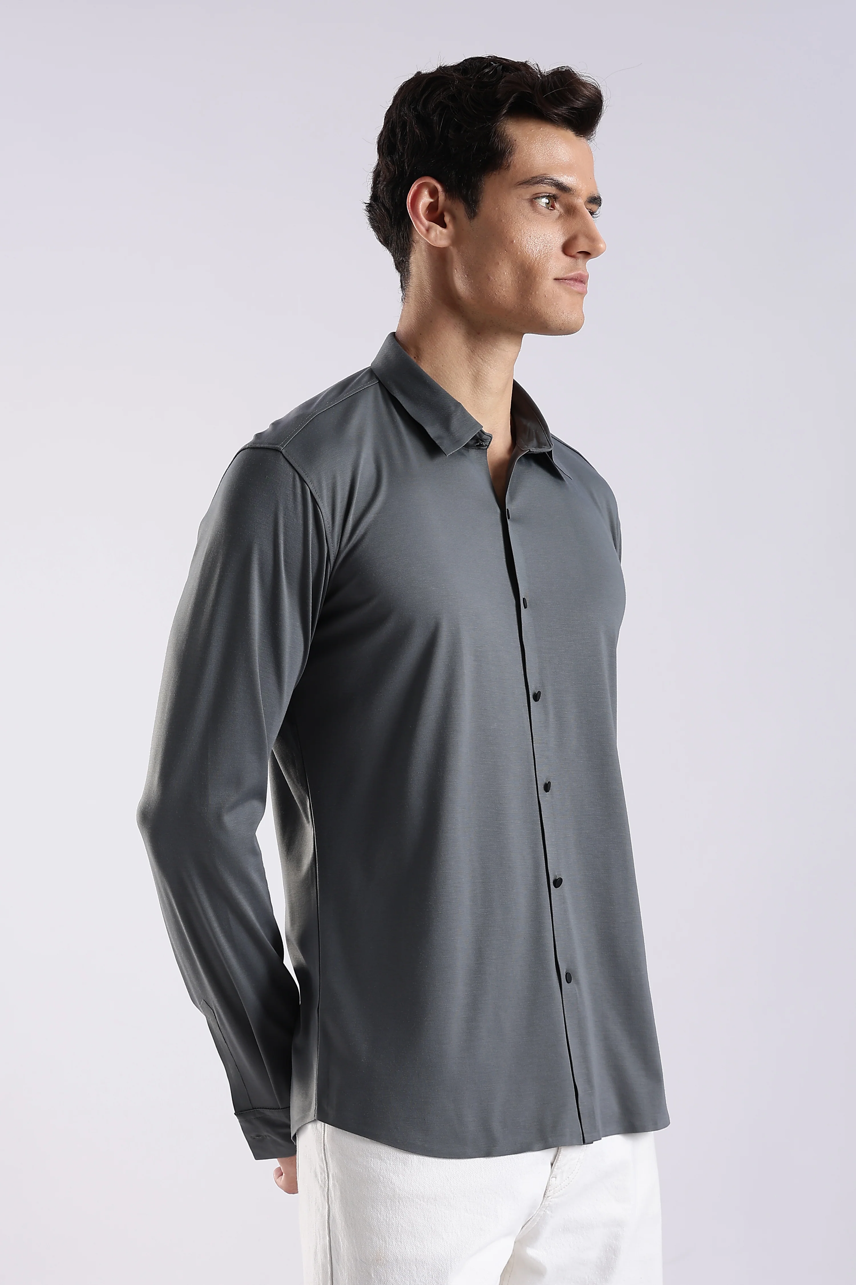 Men Grey Knitted Slim Fit Shirt - Image 4