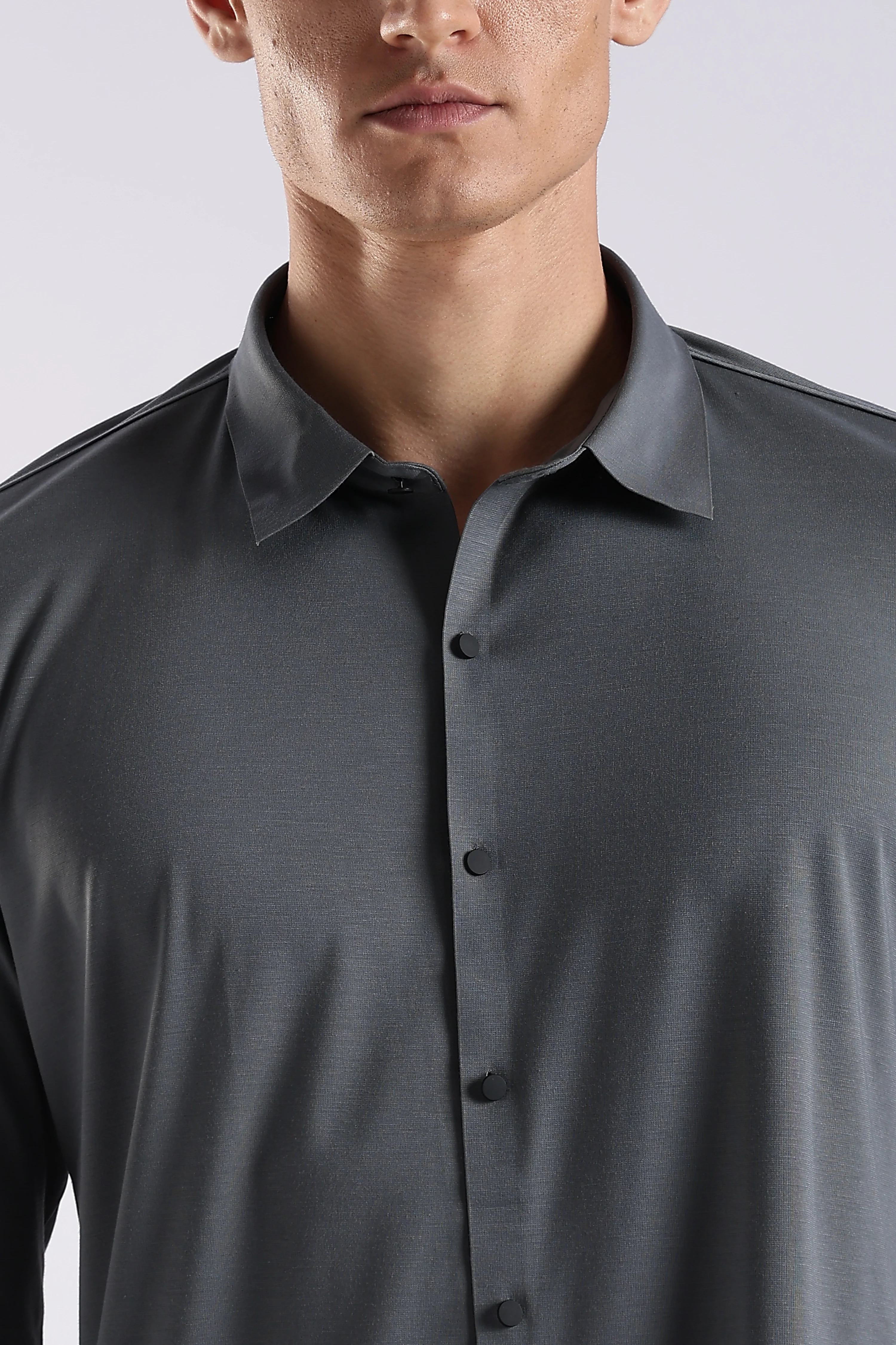 Men Grey Knitted Slim Fit Shirt - Image 5