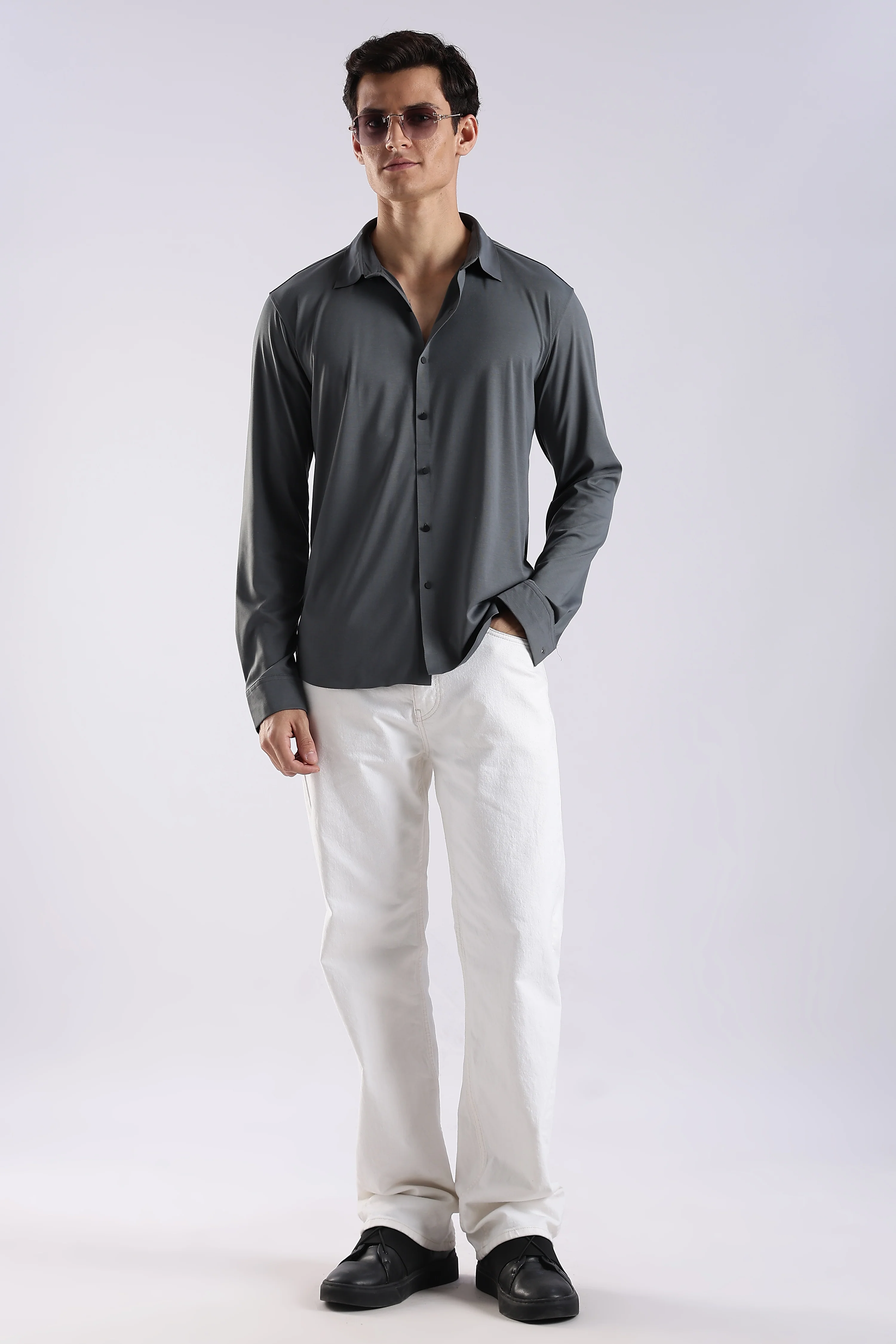 Men Grey Knitted Slim Fit Shirt - Image 7