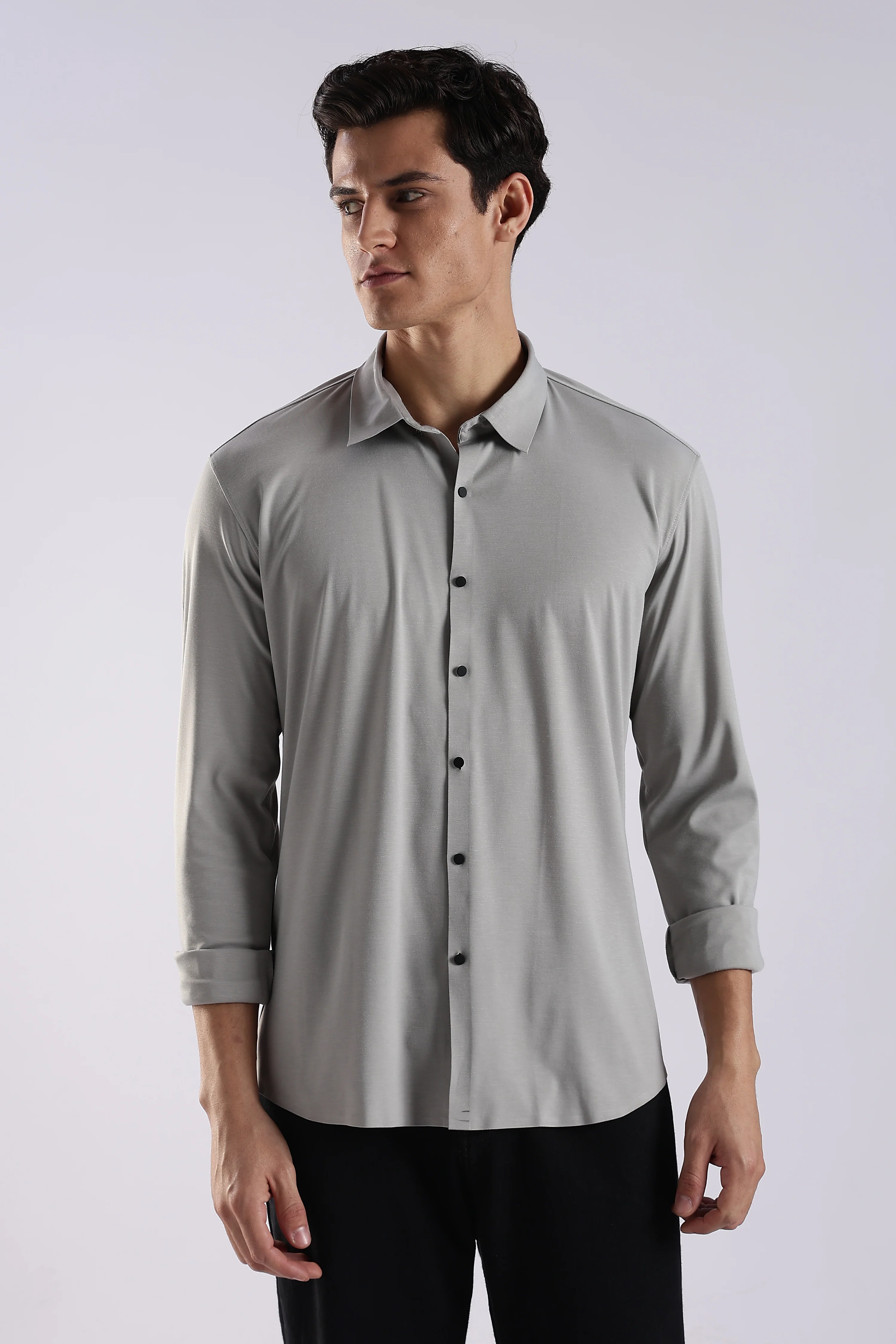 Men Grey Knitted Slim Fit Shirt