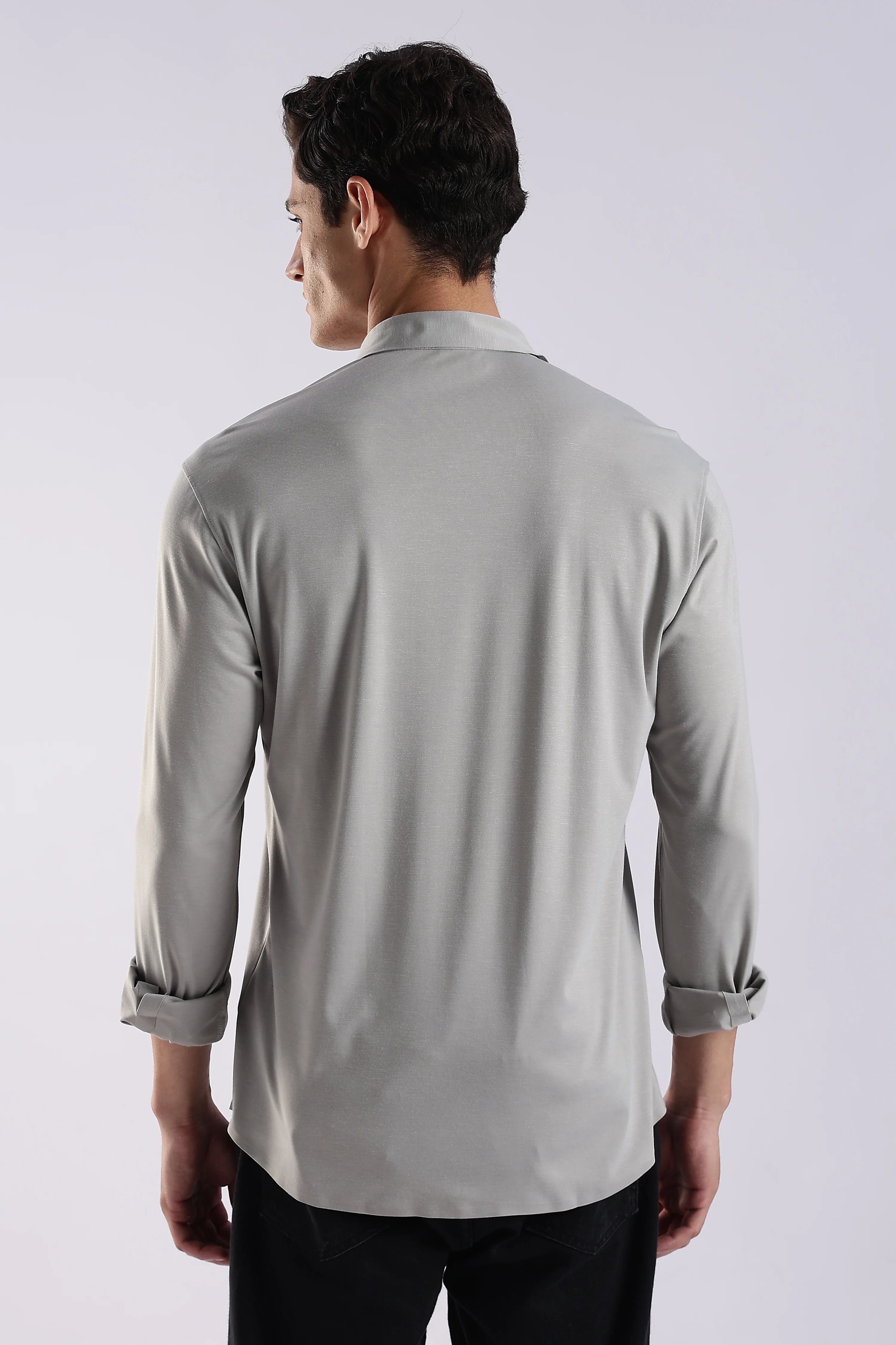 Men Grey Knitted Slim Fit Shirt - Image 2