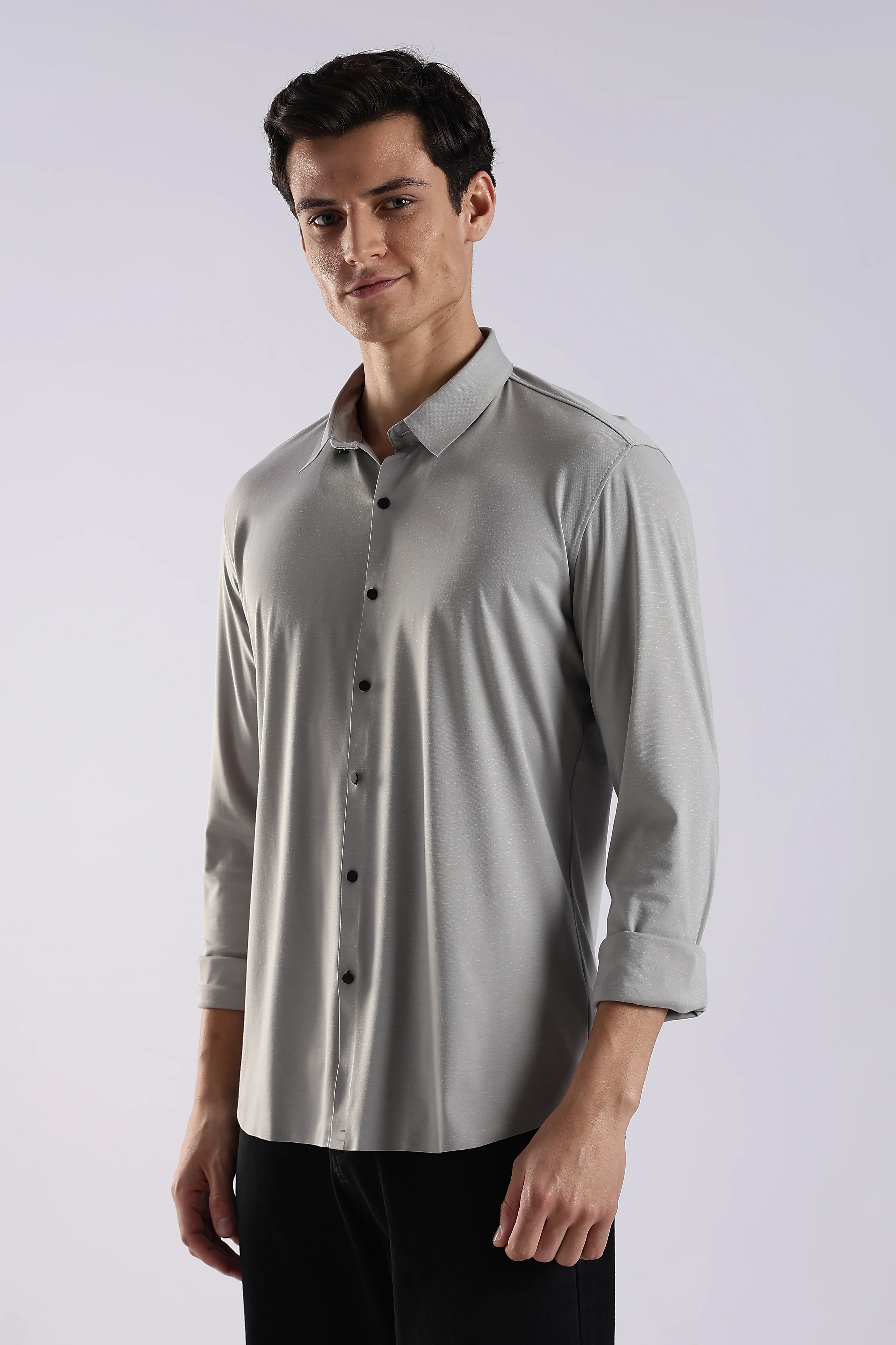 Men Grey Knitted Slim Fit Shirt - Image 3