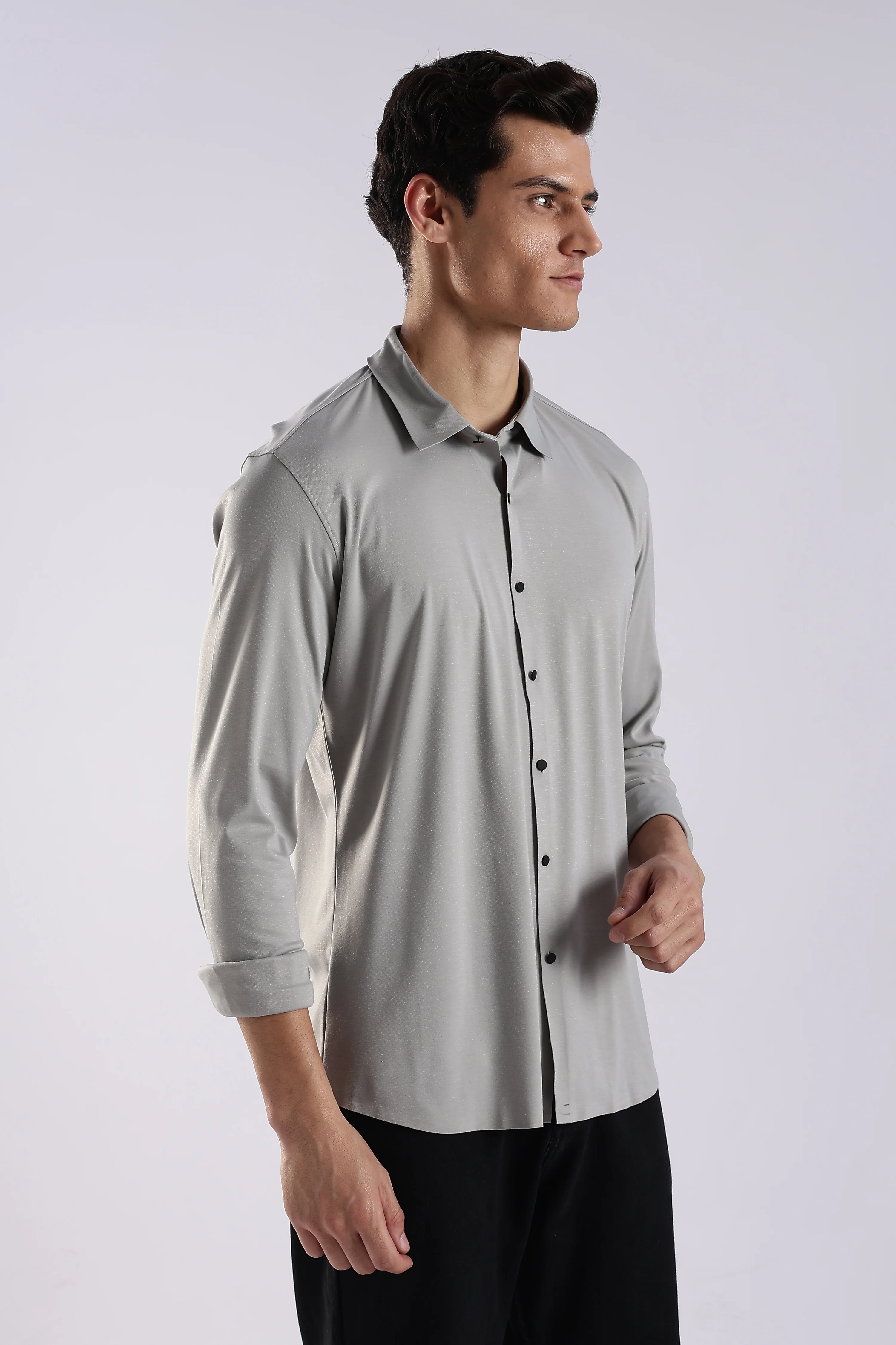 Men Grey Knitted Slim Fit Shirt - Image 4