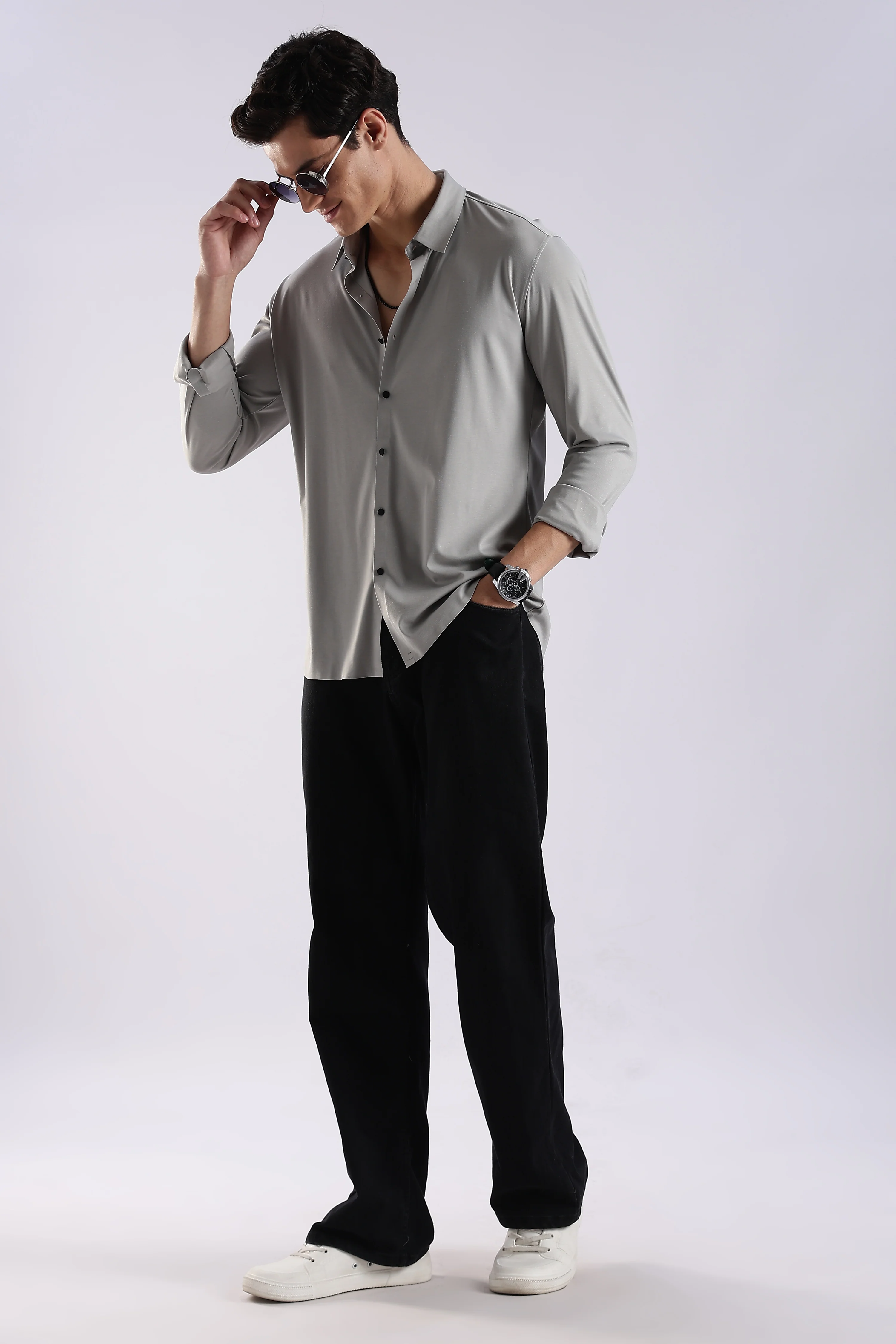 Men Grey Knitted Slim Fit Shirt - Image 6