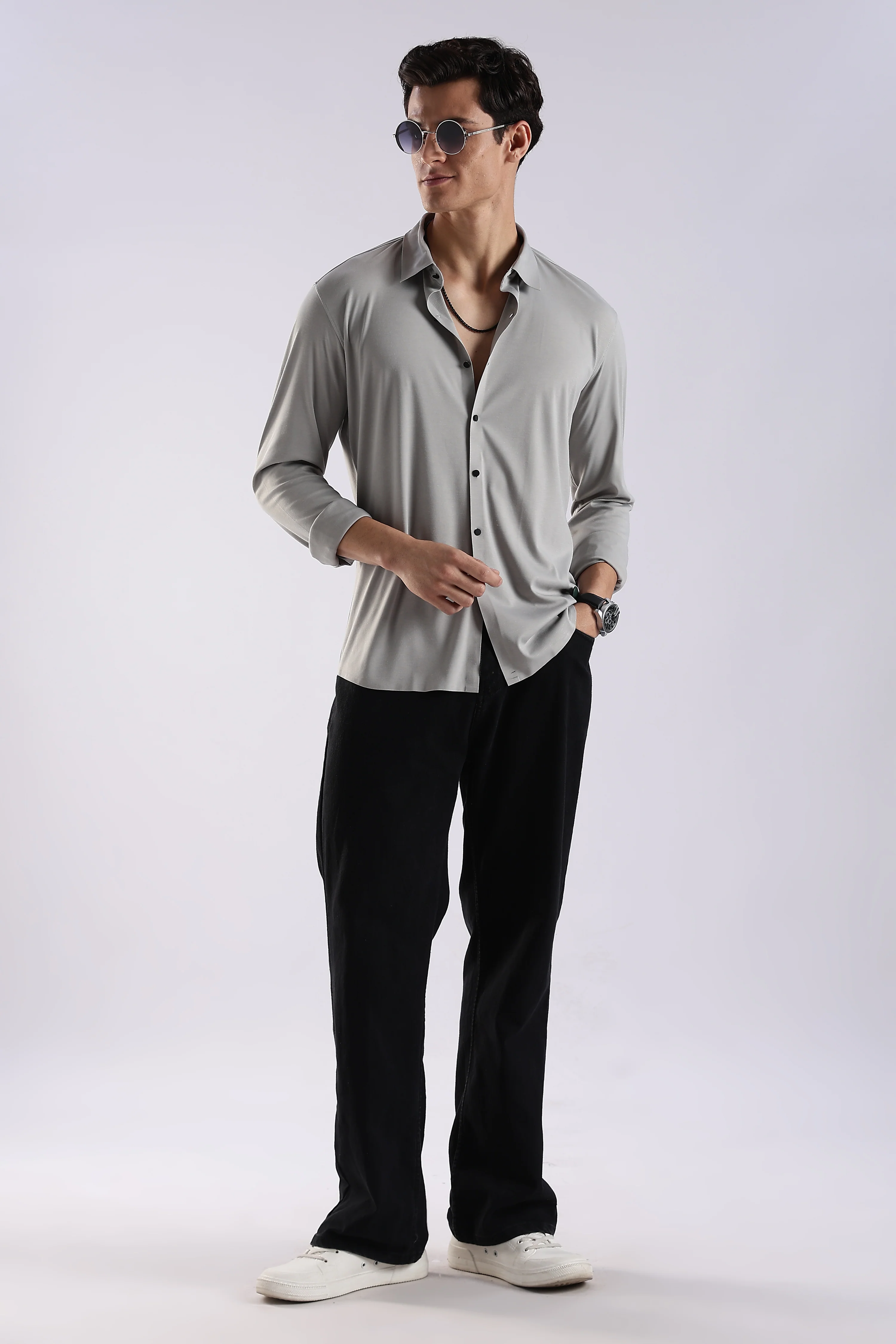 Men Grey Knitted Slim Fit Shirt - Image 7