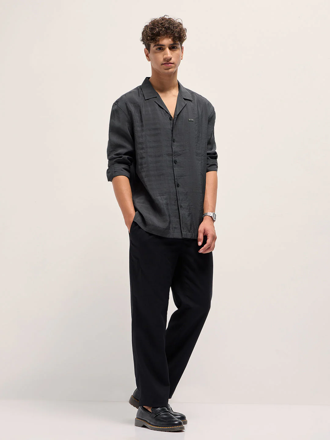 Men Grey Lenzing Modal Solid Oversize Fit Casual Shirt - Image 4
