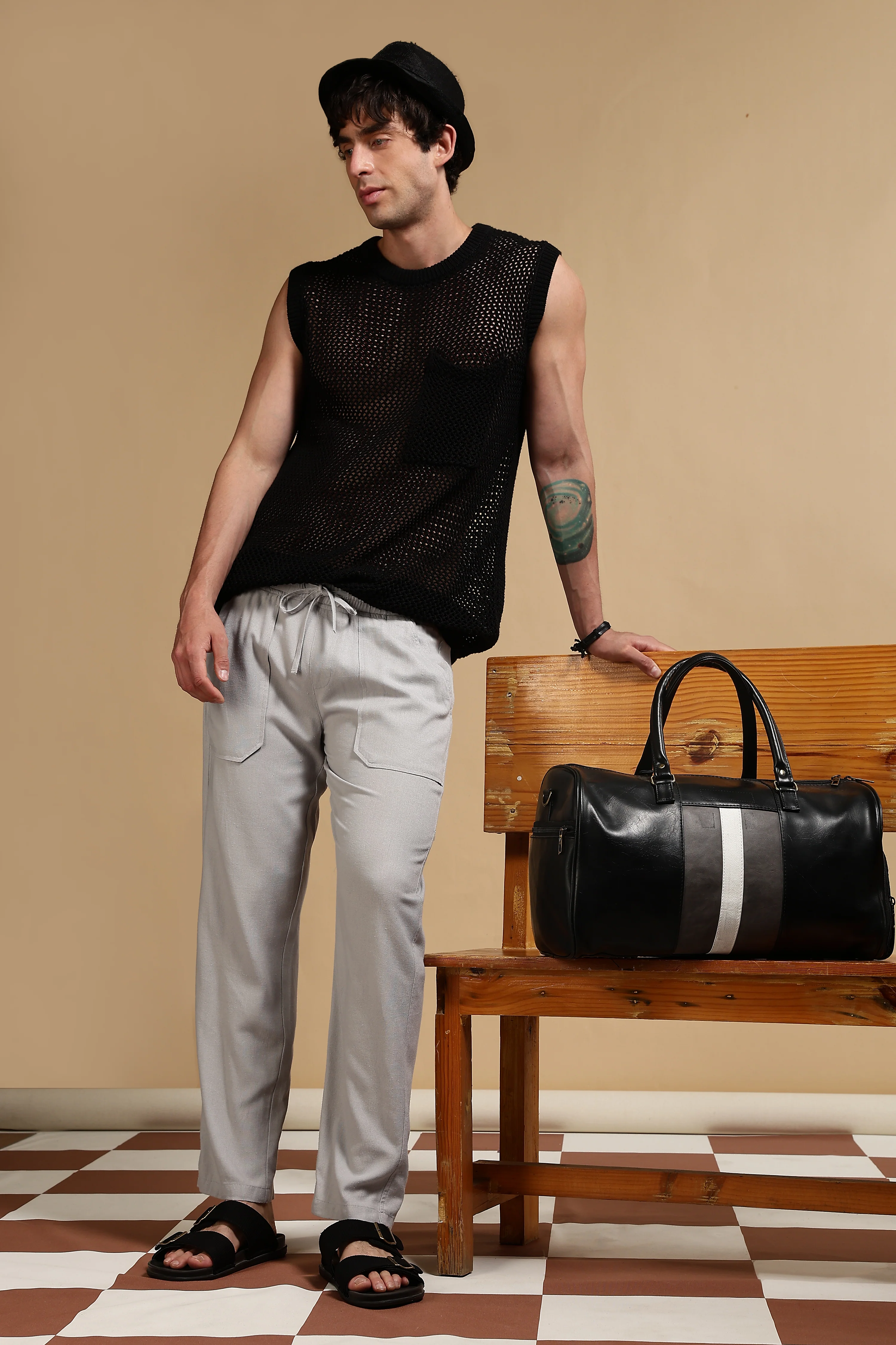 Men Grey Linen Blend Loose Fit Drawcord Trousers - Image 10