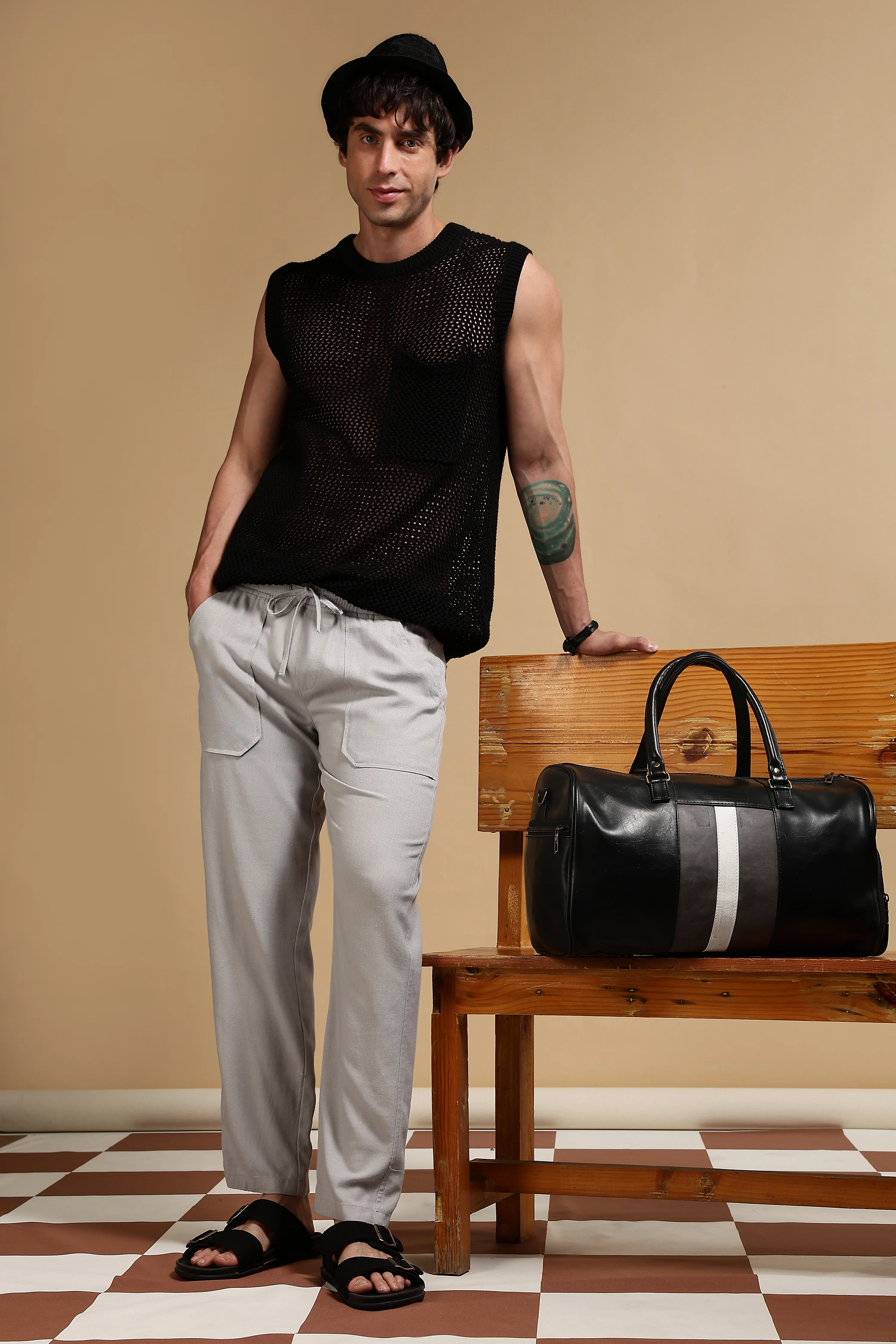 Men Grey Linen Blend Loose Fit Drawcord Trousers - Image 11