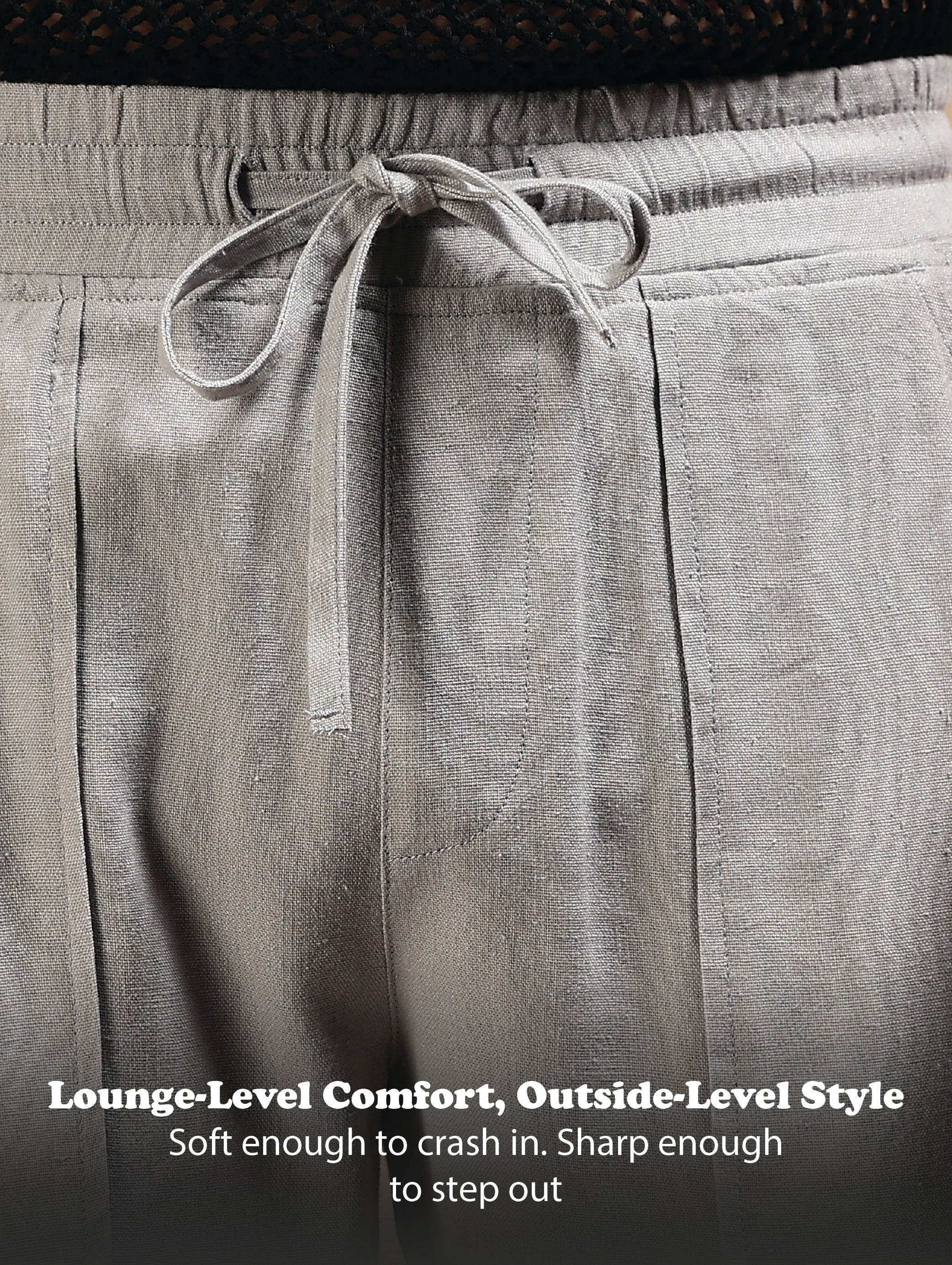 Men Grey Linen Blend Loose Fit Drawcord Trousers - Image 13
