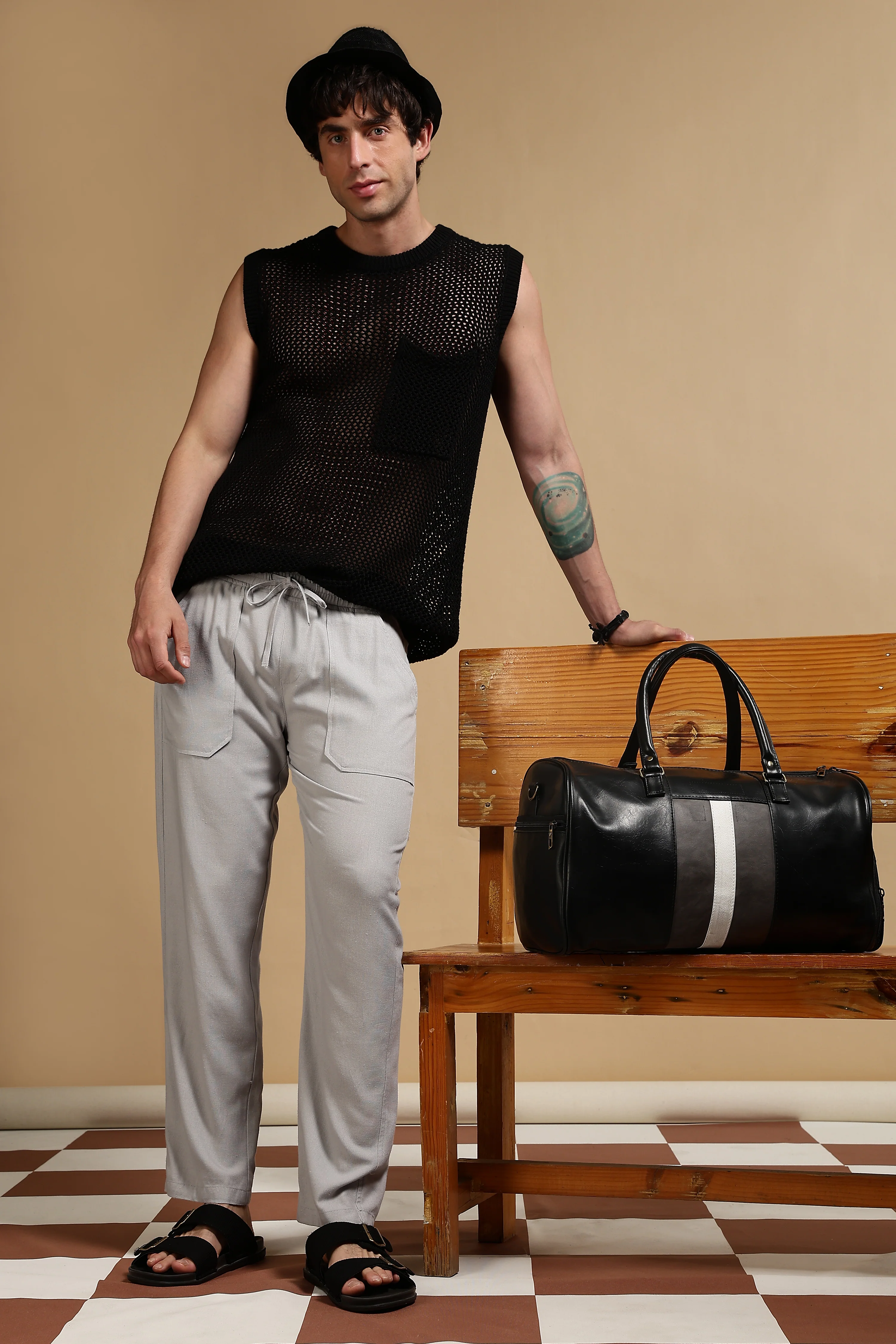 Men Grey Linen Blend Loose Fit Drawcord Trousers - Image 2