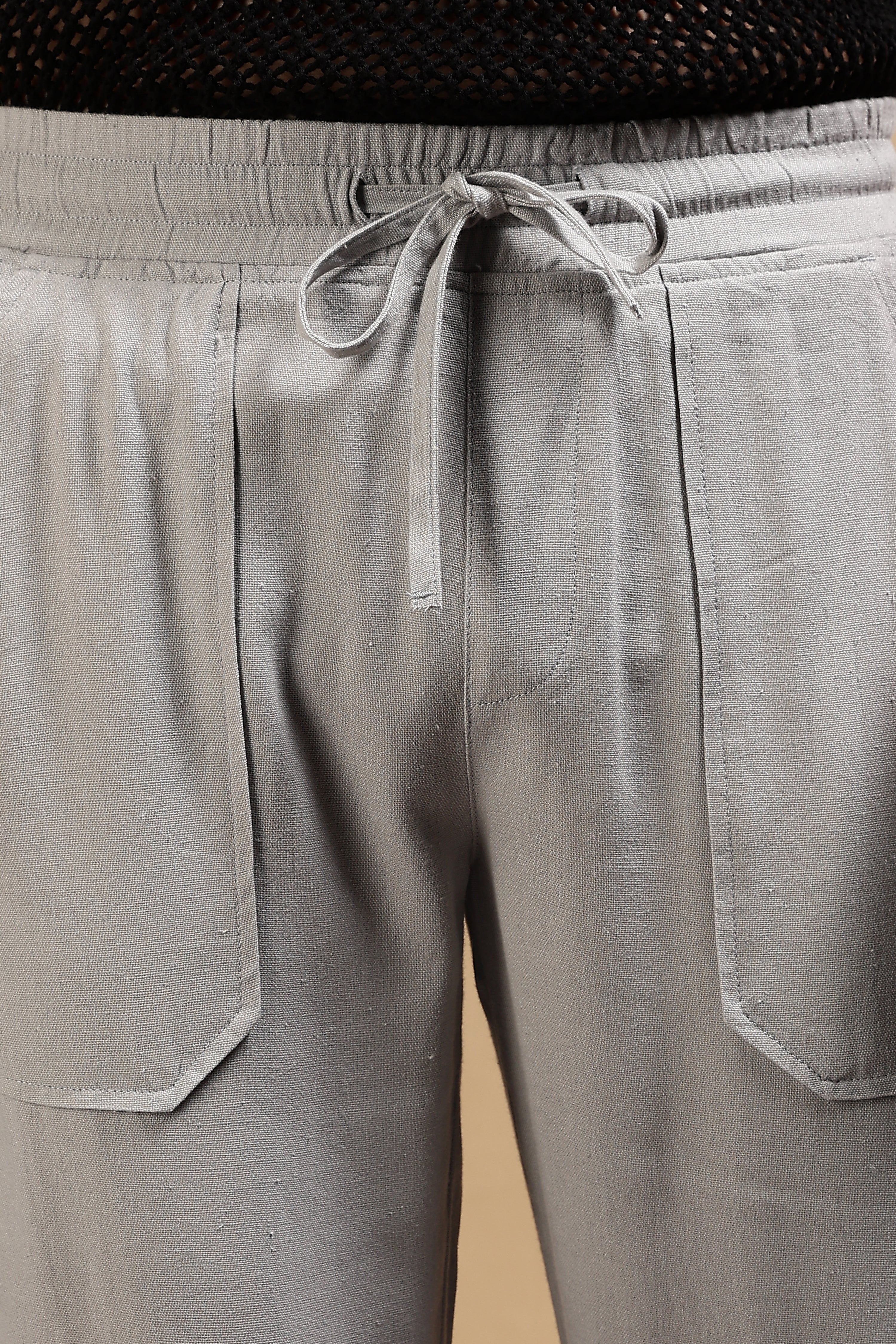 Men Grey Linen Blend Loose Fit Drawcord Trousers - Image 6