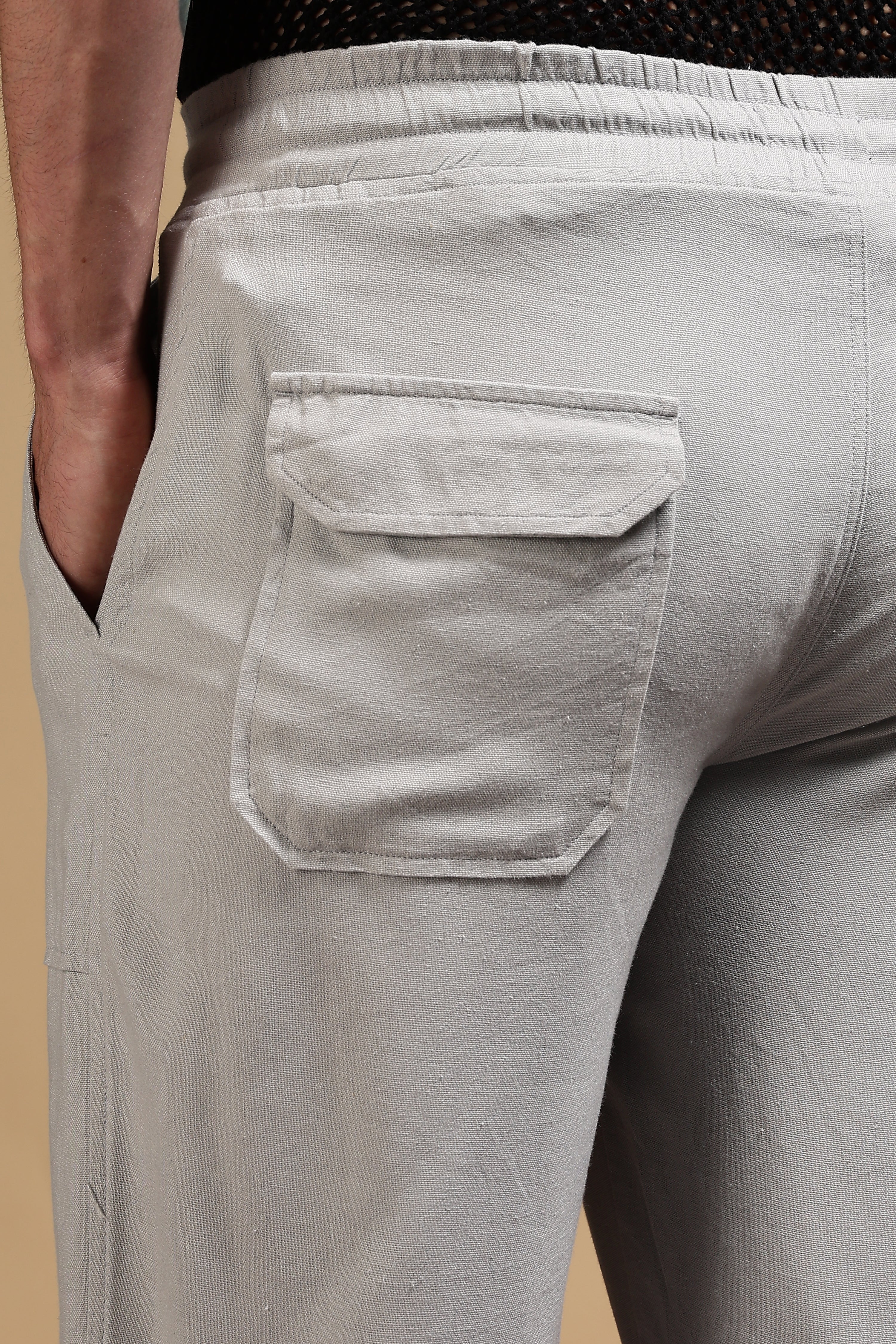 Men Grey Linen Blend Loose Fit Drawcord Trousers - Image 8