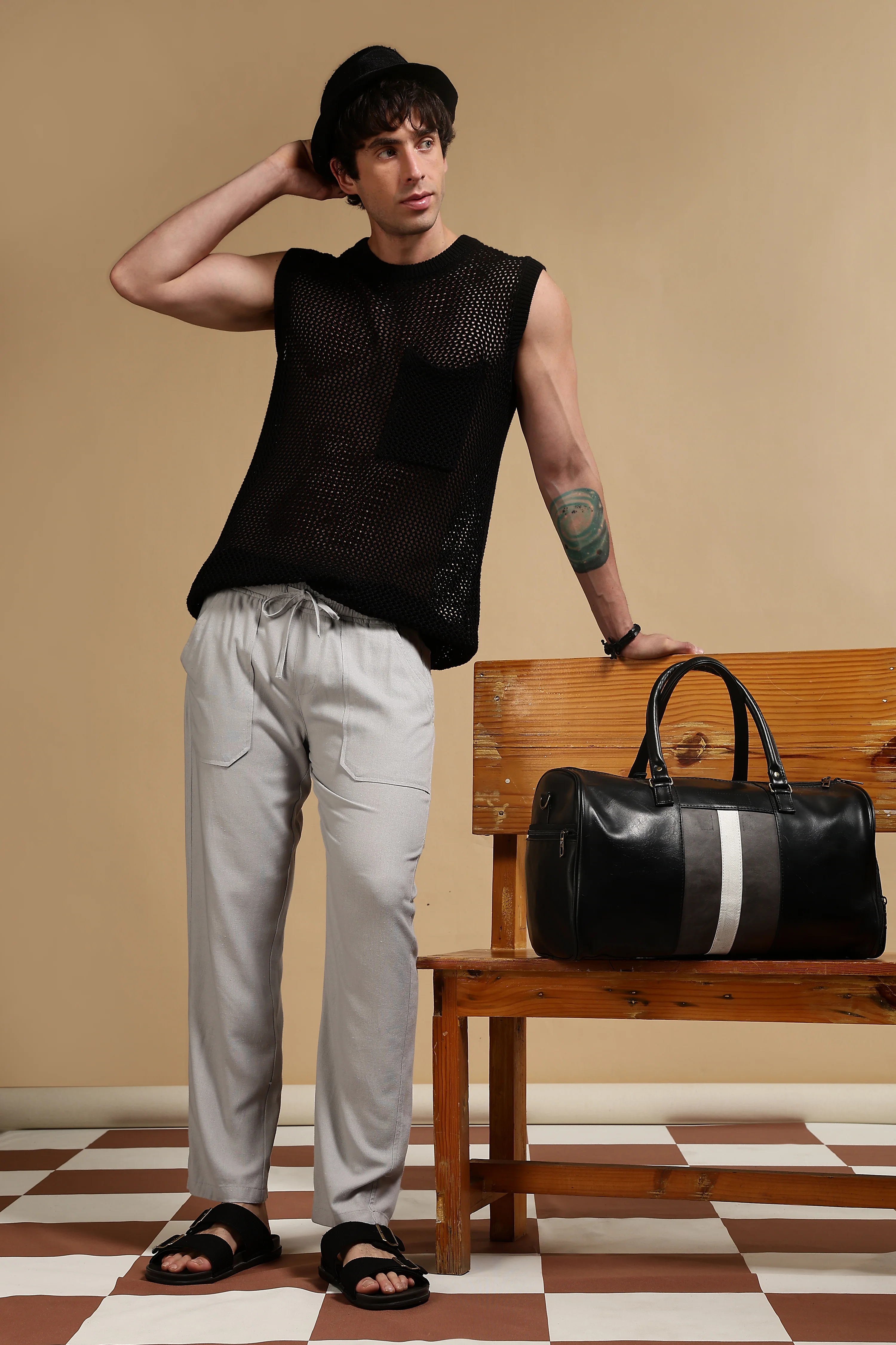 Men Grey Linen Blend Loose Fit Drawcord Trousers - Image 9
