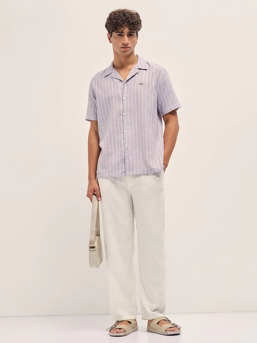 Men Grey Linen Vertical Textured Stripe Relaxed Fit Half Sleeve Casual Shirt - Image 4