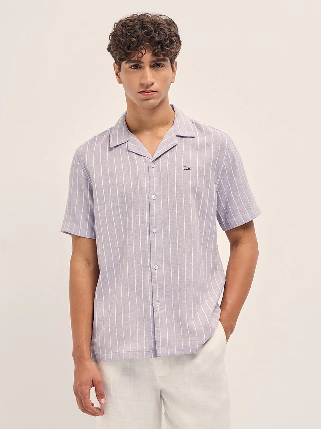 Men Grey Linen Vertical Textured Stripe Relaxed Fit Half Sleeve Casual Shirt - Image 6