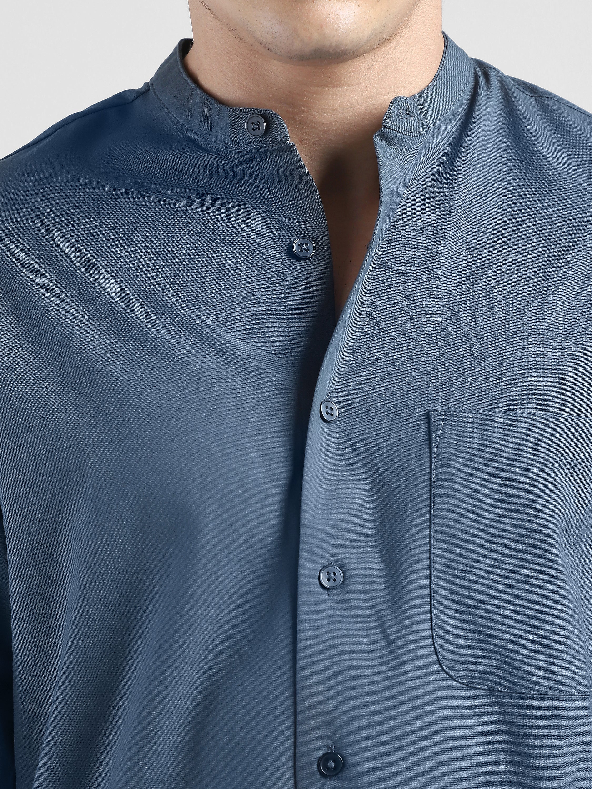 Men Grey Mandarin Collar Regular Fit Shirt - Image 2