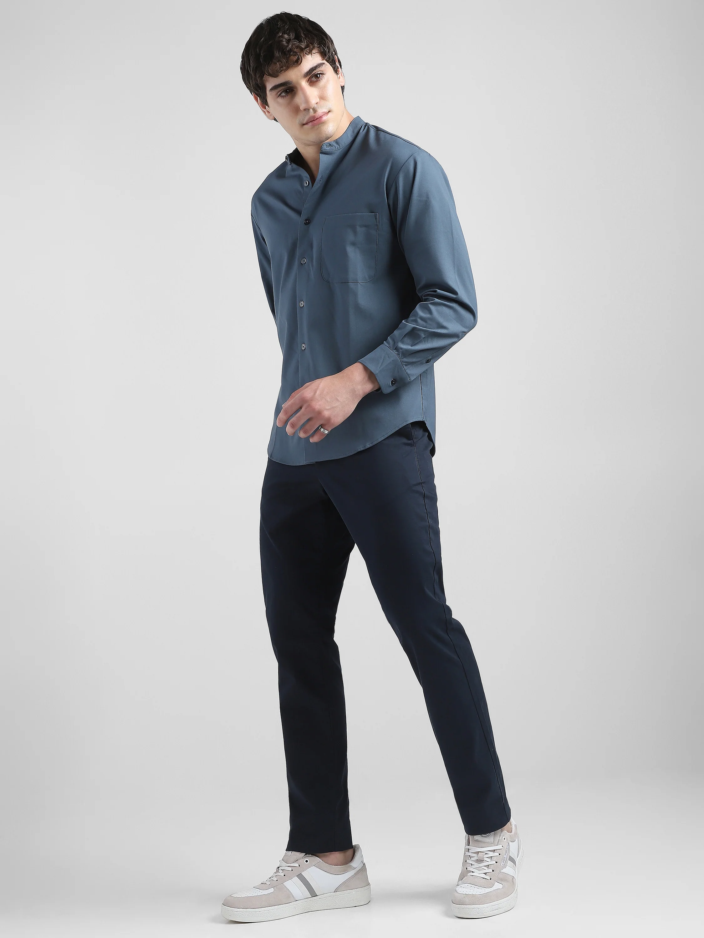 Men Grey Mandarin Collar Regular Fit Shirt - Image 3