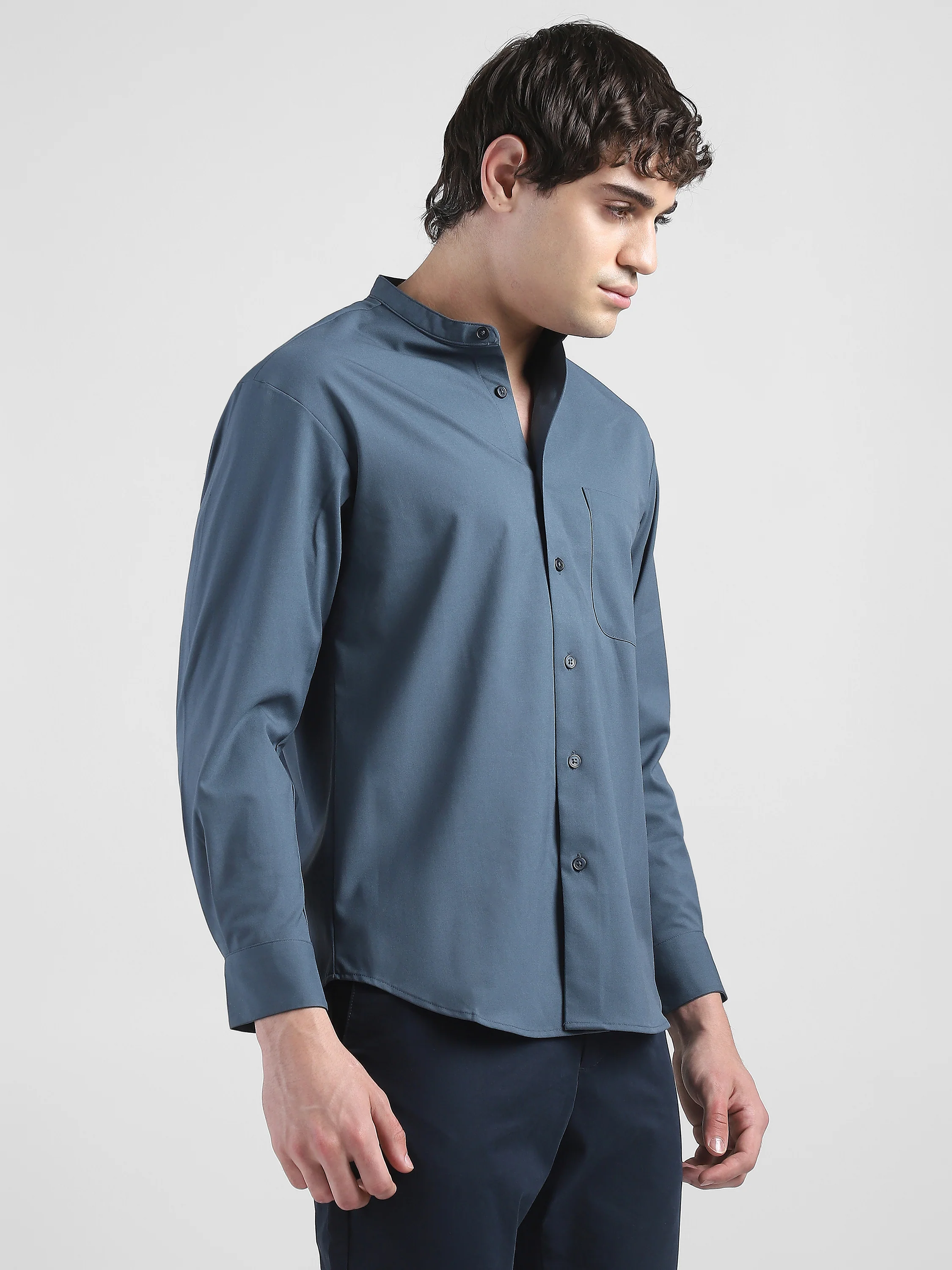 Men Grey Mandarin Collar Regular Fit Shirt - Image 5