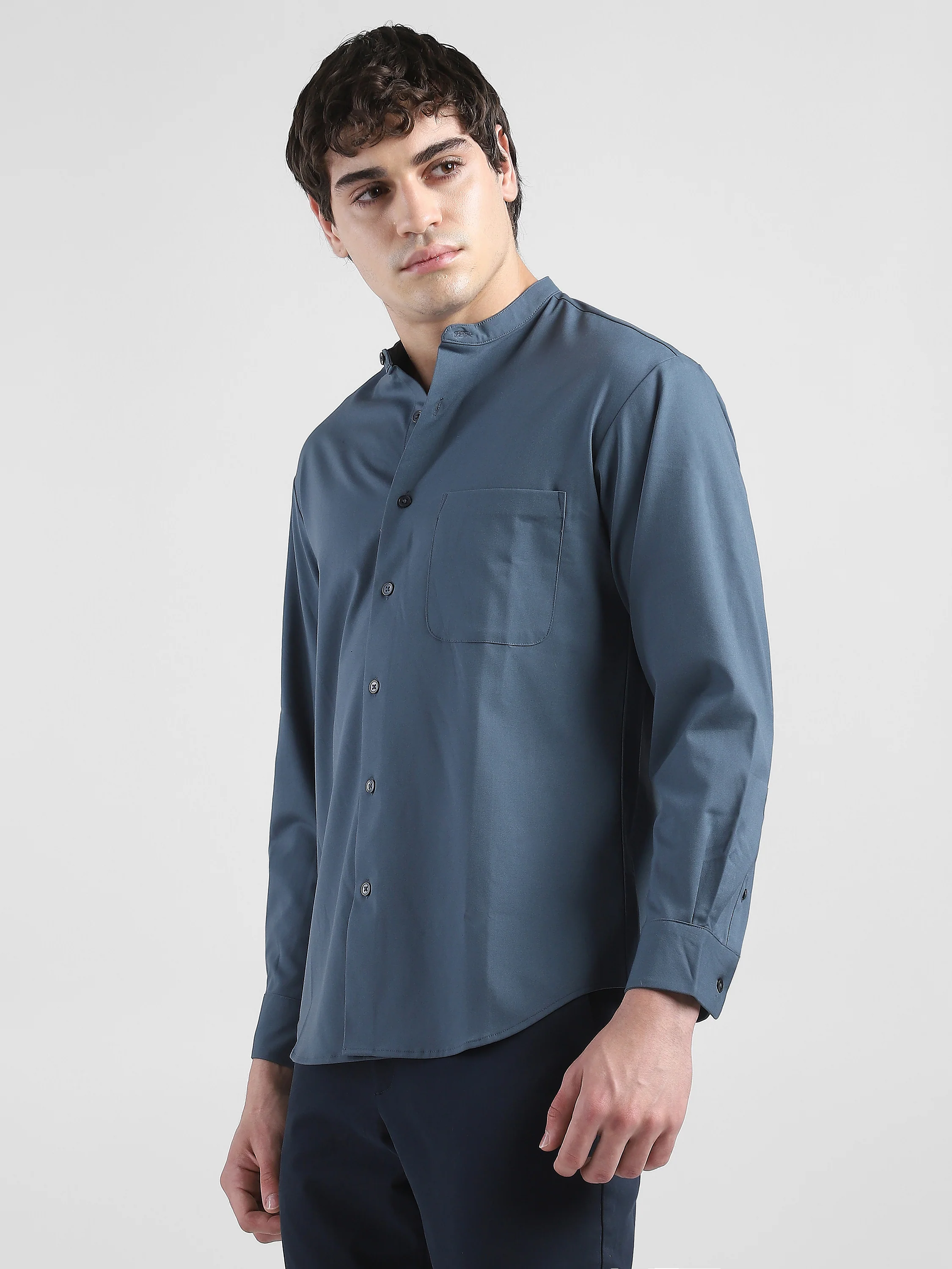 Men Grey Mandarin Collar Regular Fit Shirt - Image 6