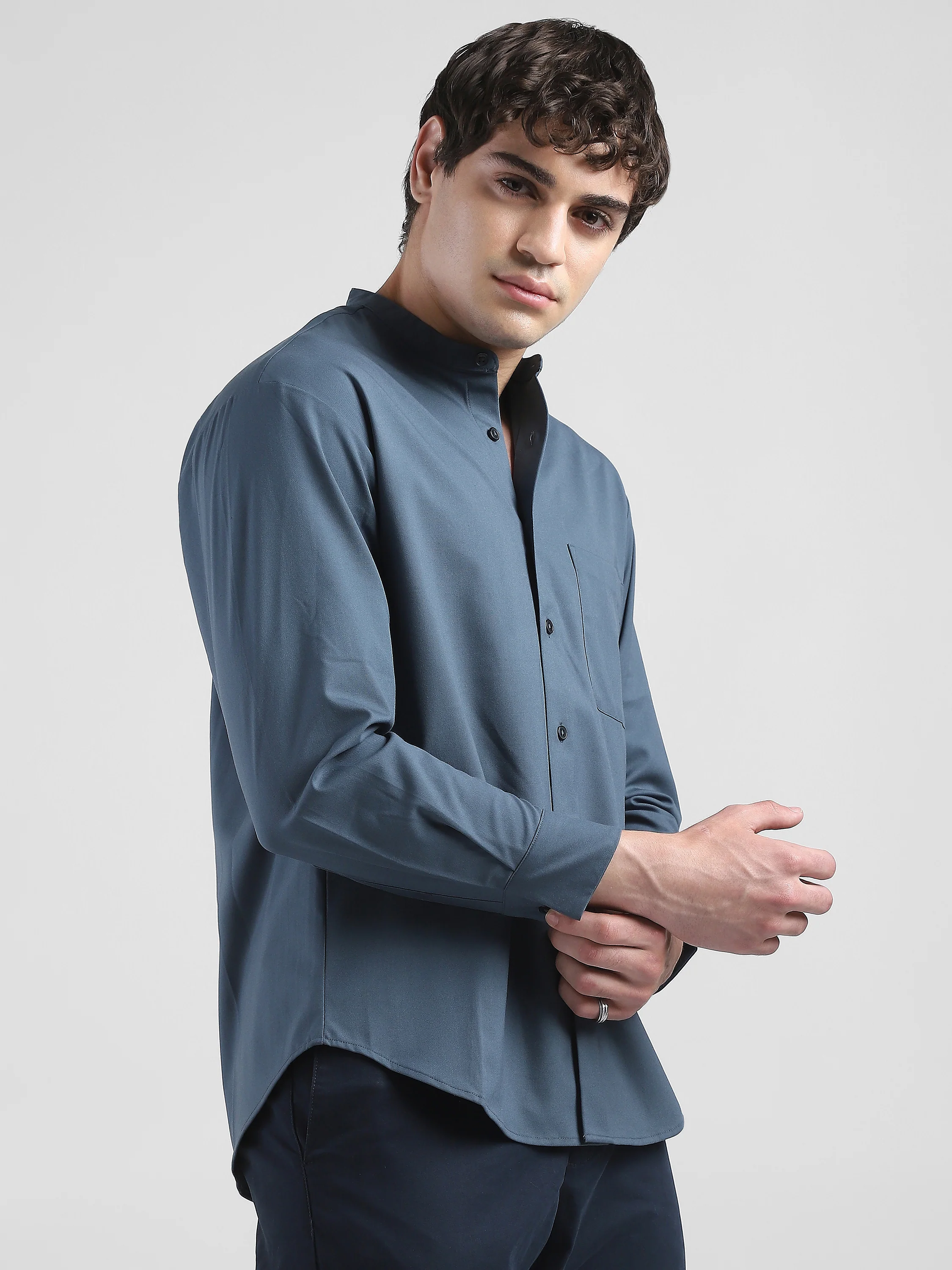 Men Grey Mandarin Collar Regular Fit Shirt - Image 7