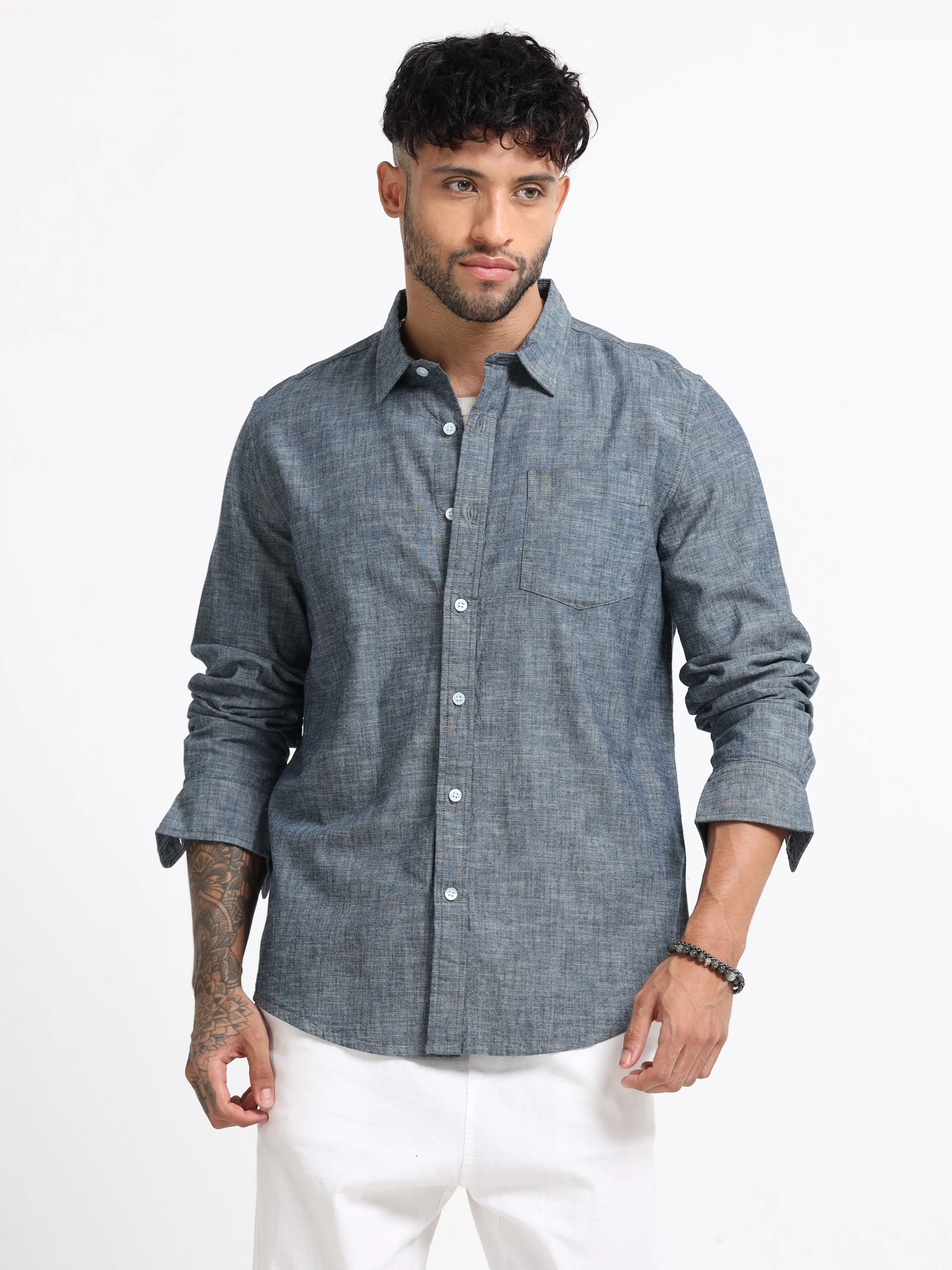 Men Grey Mélange Solid Shirt - Image 2