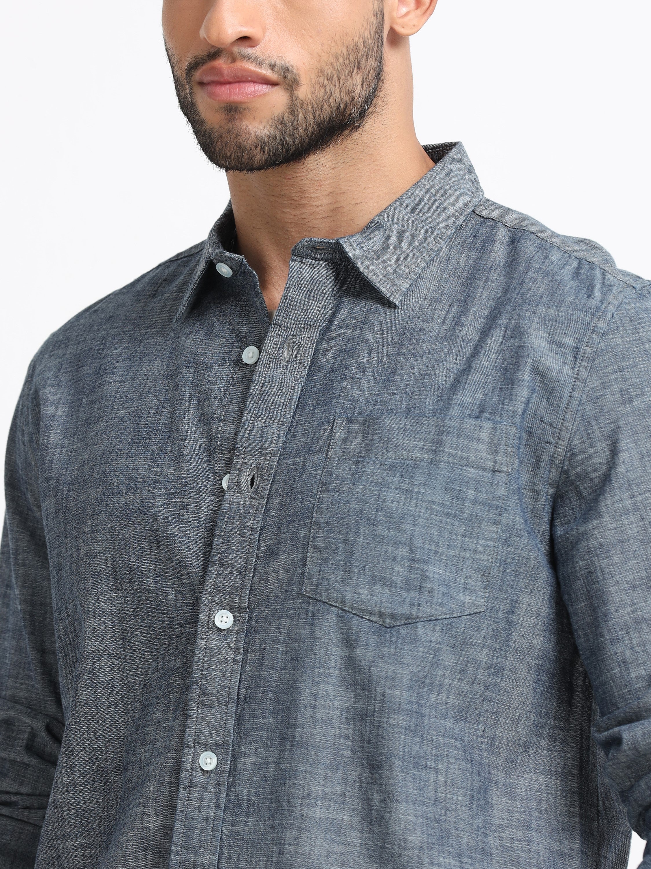 Men Grey Mélange Solid Shirt - Image 5