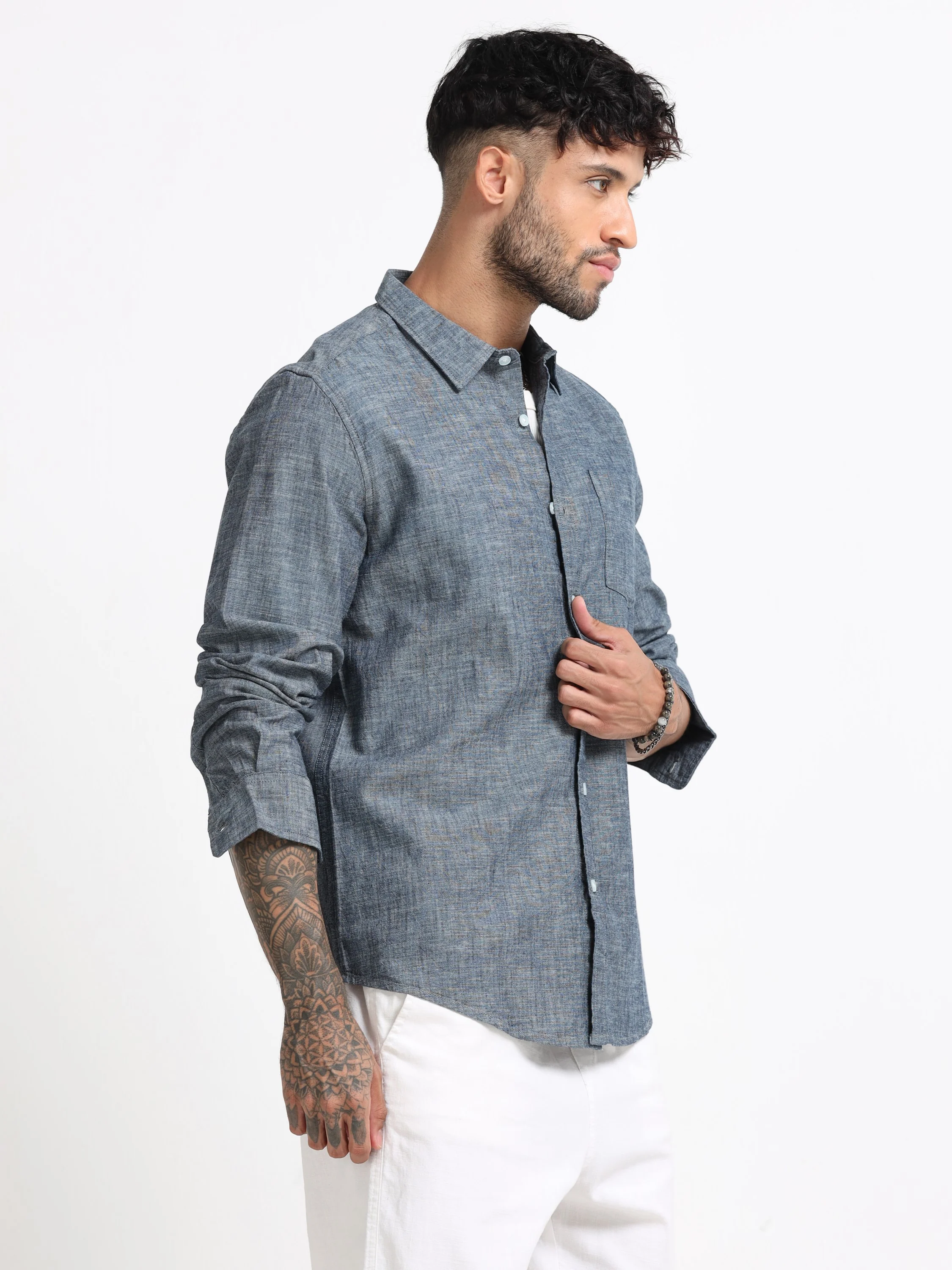 Men Grey Mélange Solid Shirt - Image 6