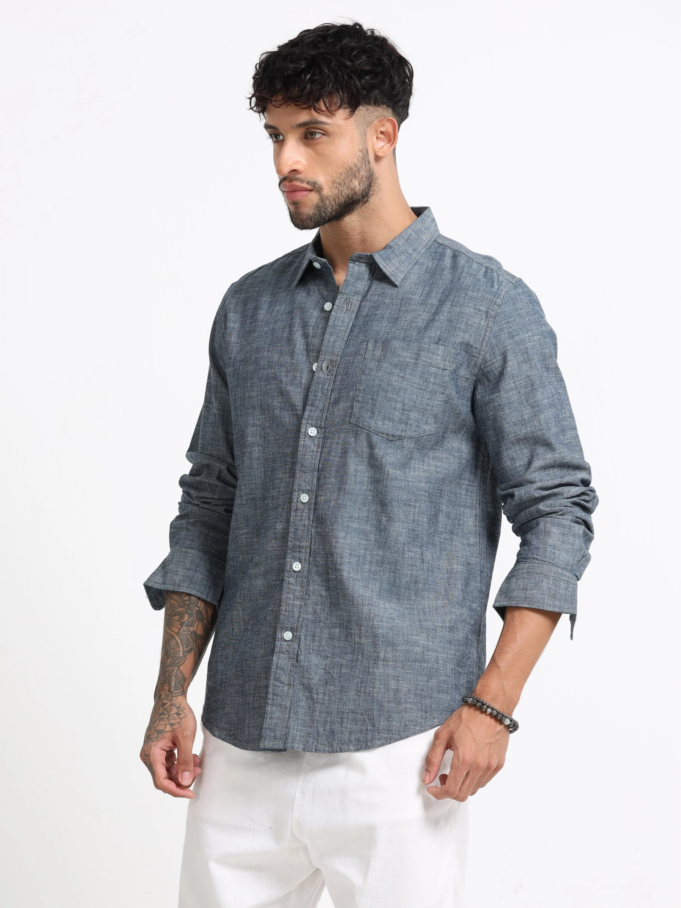 Men Grey Mélange Solid Shirt - Image 8