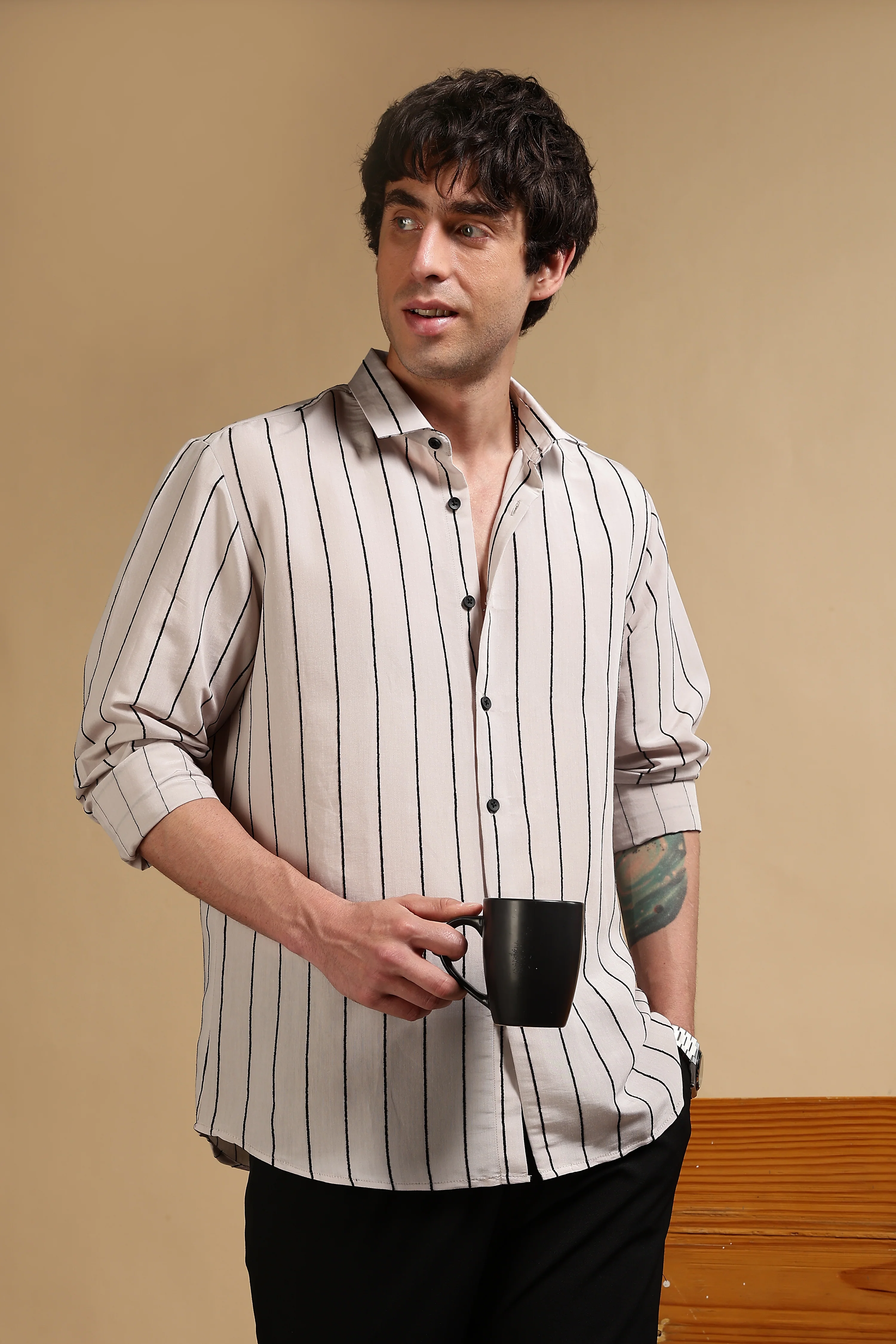 Men Grey Nylon Slim Fit Striped Shirt - Image 10