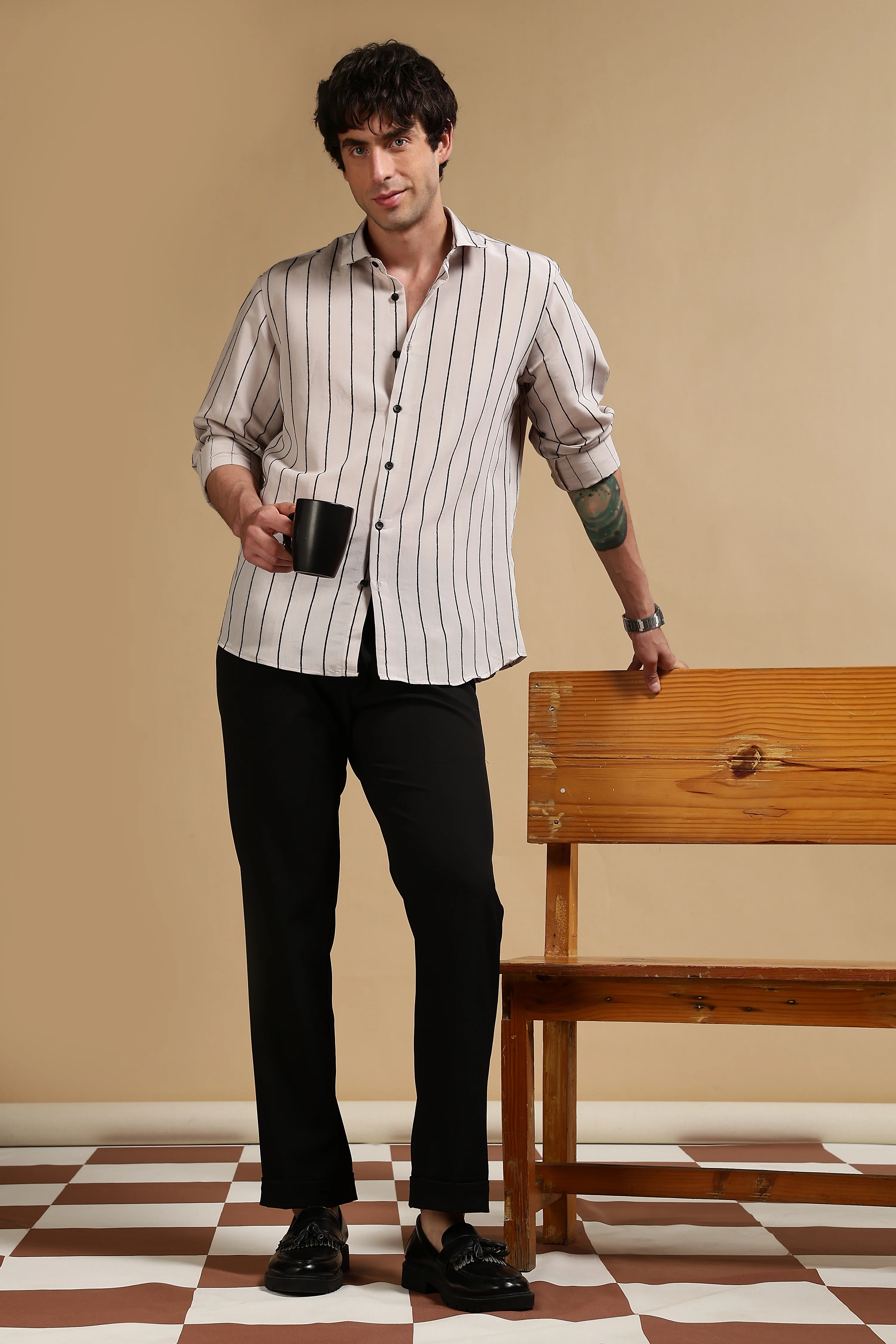 Men Grey Nylon Slim Fit Striped Shirt - Image 2
