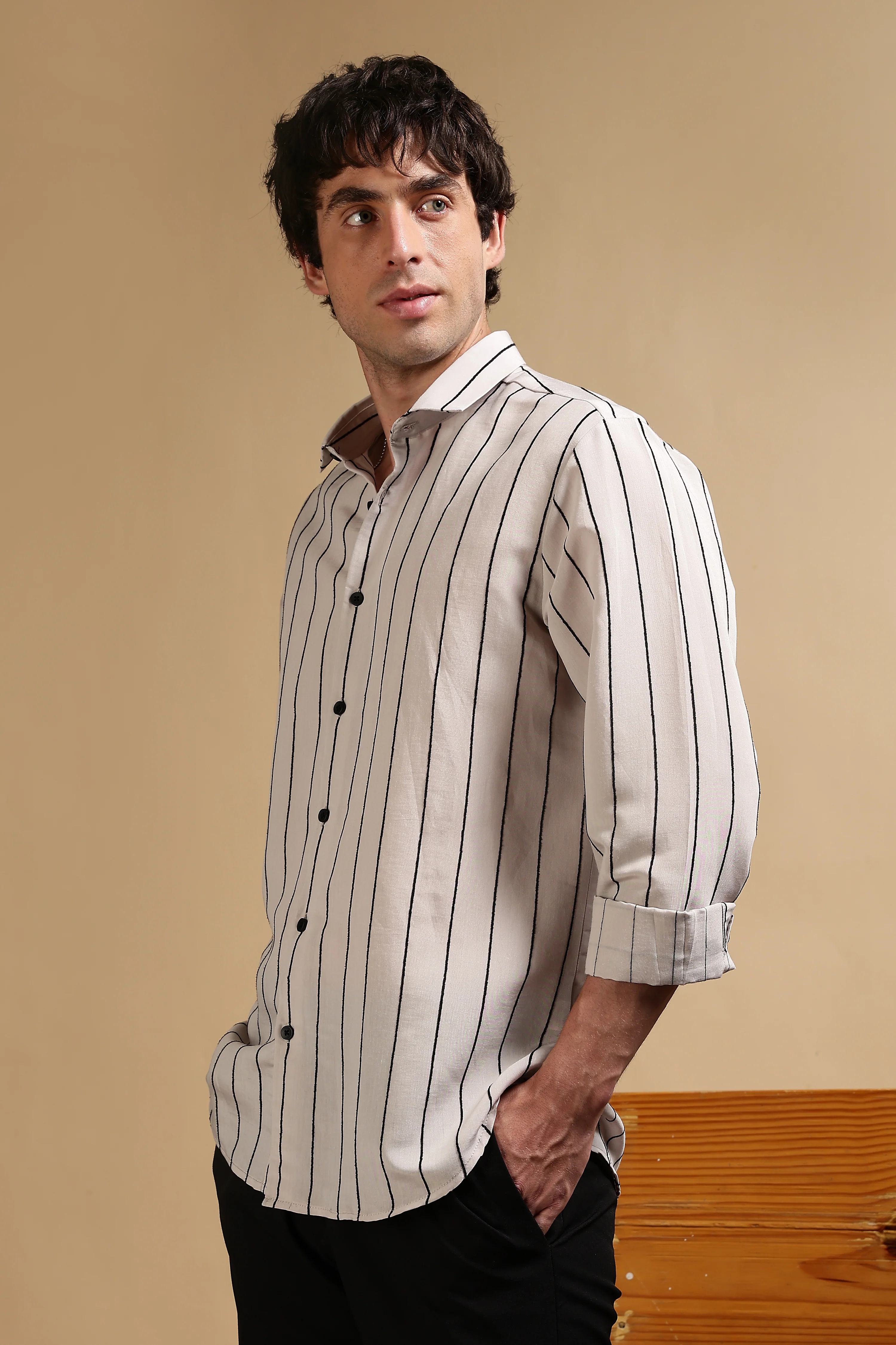 Men Grey Nylon Slim Fit Striped Shirt - Image 5