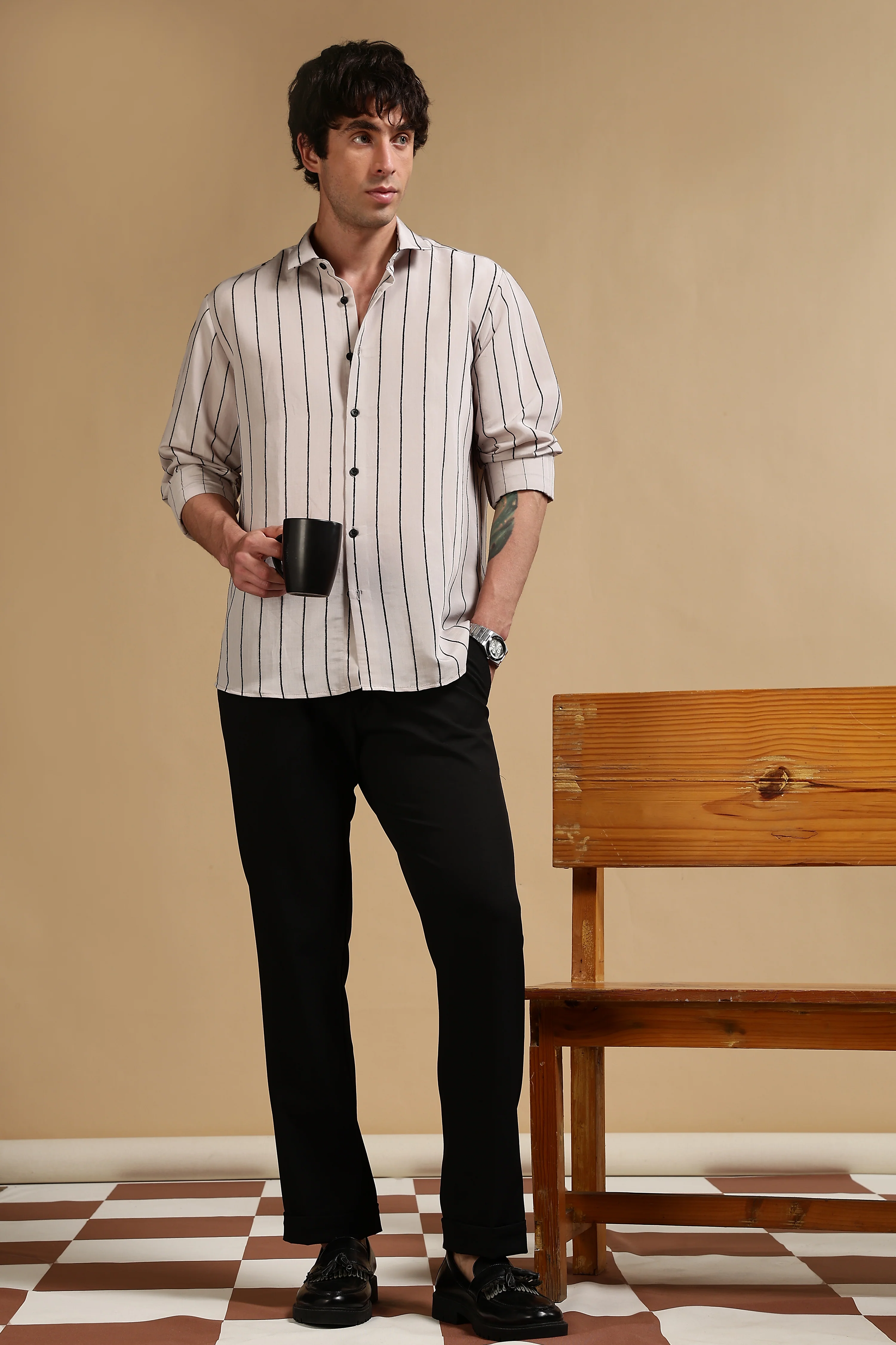 Men Grey Nylon Slim Fit Striped Shirt - Image 8