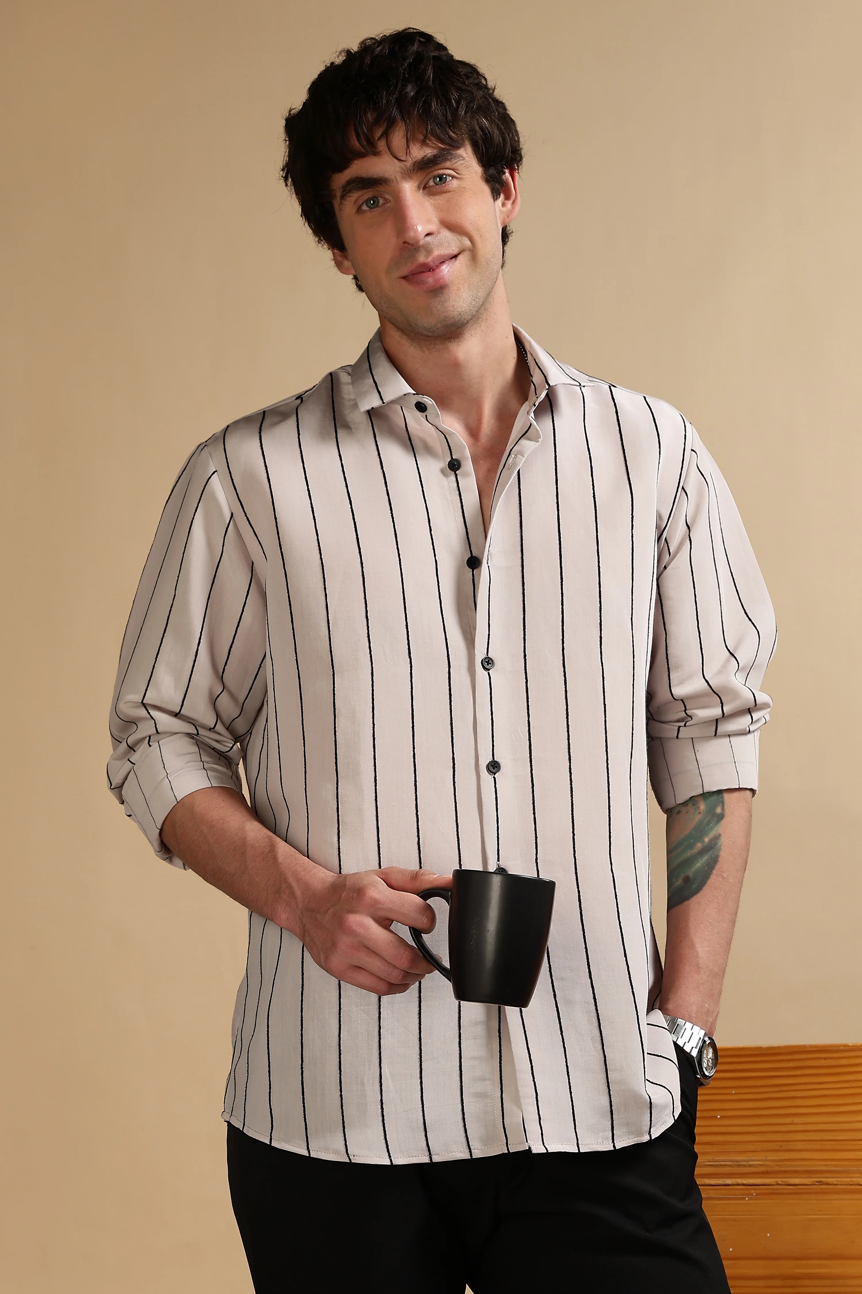 Men Grey Nylon Slim Fit Striped Shirt - Image 9