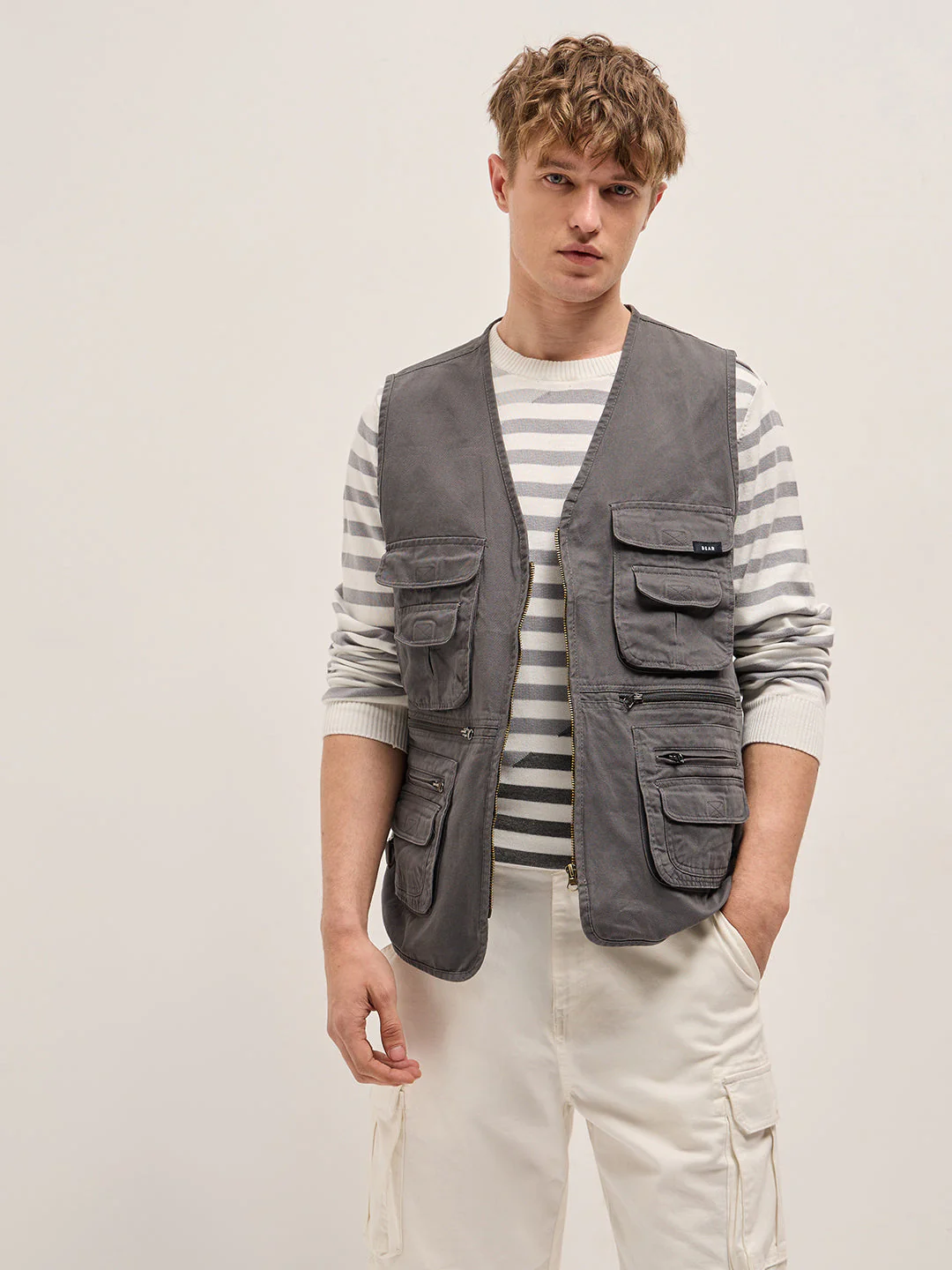 Men Grey Outdoor Utility Multi-Pocket Vest Jacket